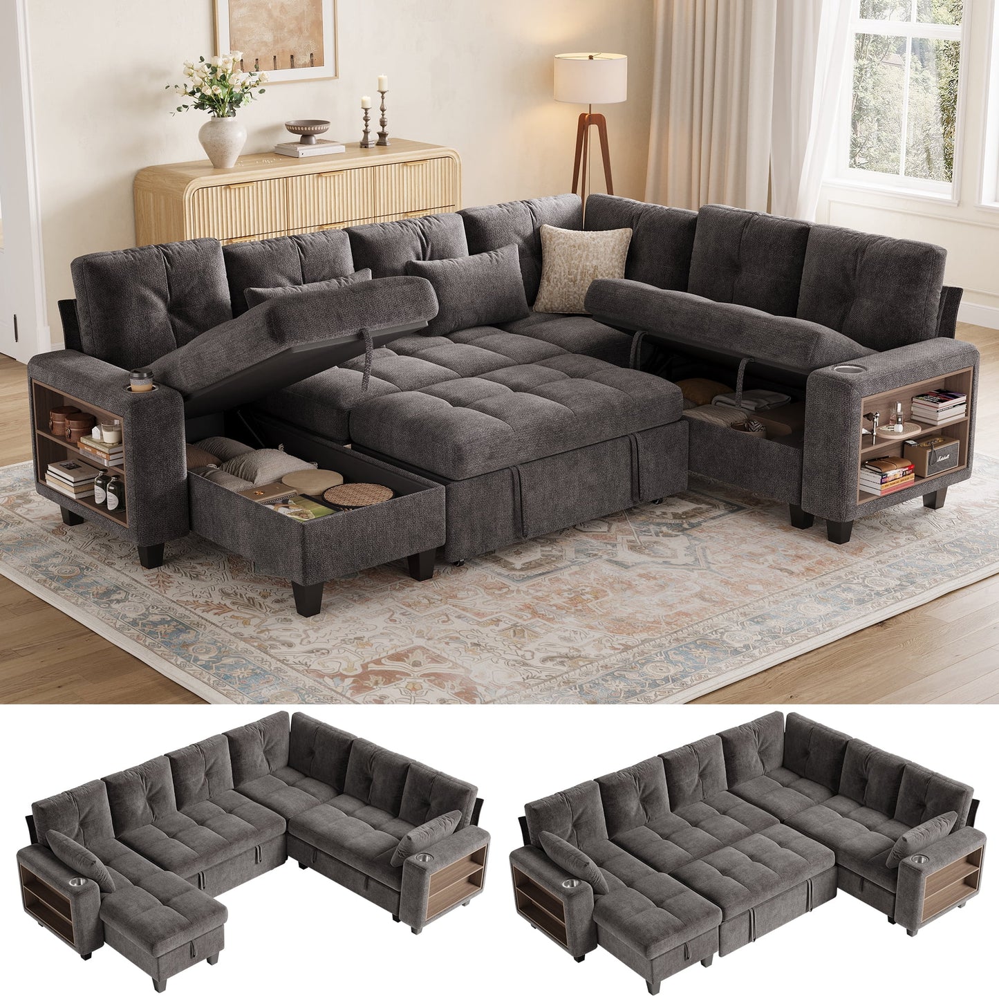 LINSY HOME 107in Modular Sectional Sofa with Pull Out Bed, Multi-functional Armrest & Storage Chaise, 6-Seat Pull Out Couch with Shelves, USB Ports & Cup Holders, Chenille Gray