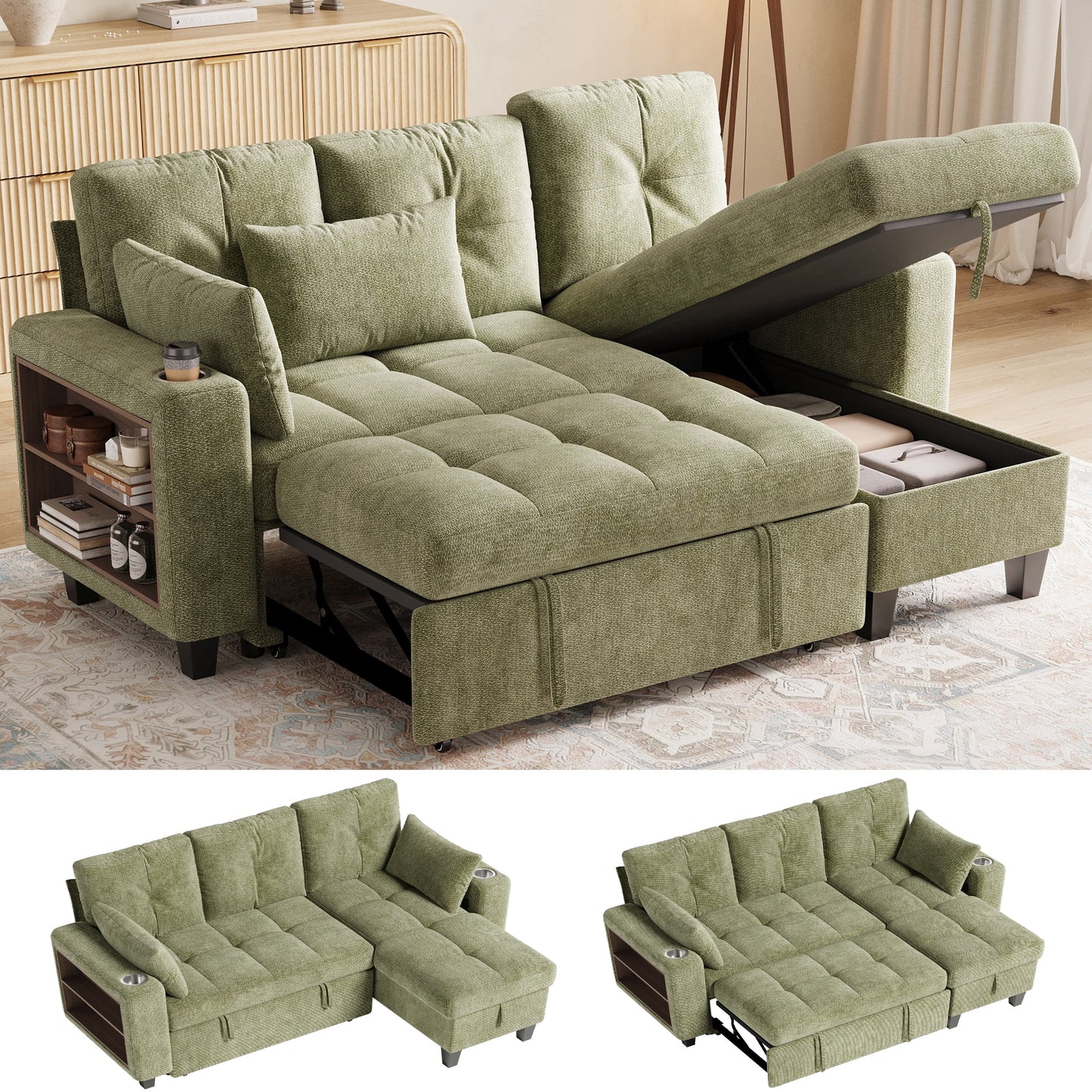 LINSY HOME 83in Modular Sectional Sofa with Pull Out Bed, Multi-functional Armrest & Storage Chaise, 3-Seat Pull Out Couch with Shelves, USB Ports & Cup Holders, Chenille Green