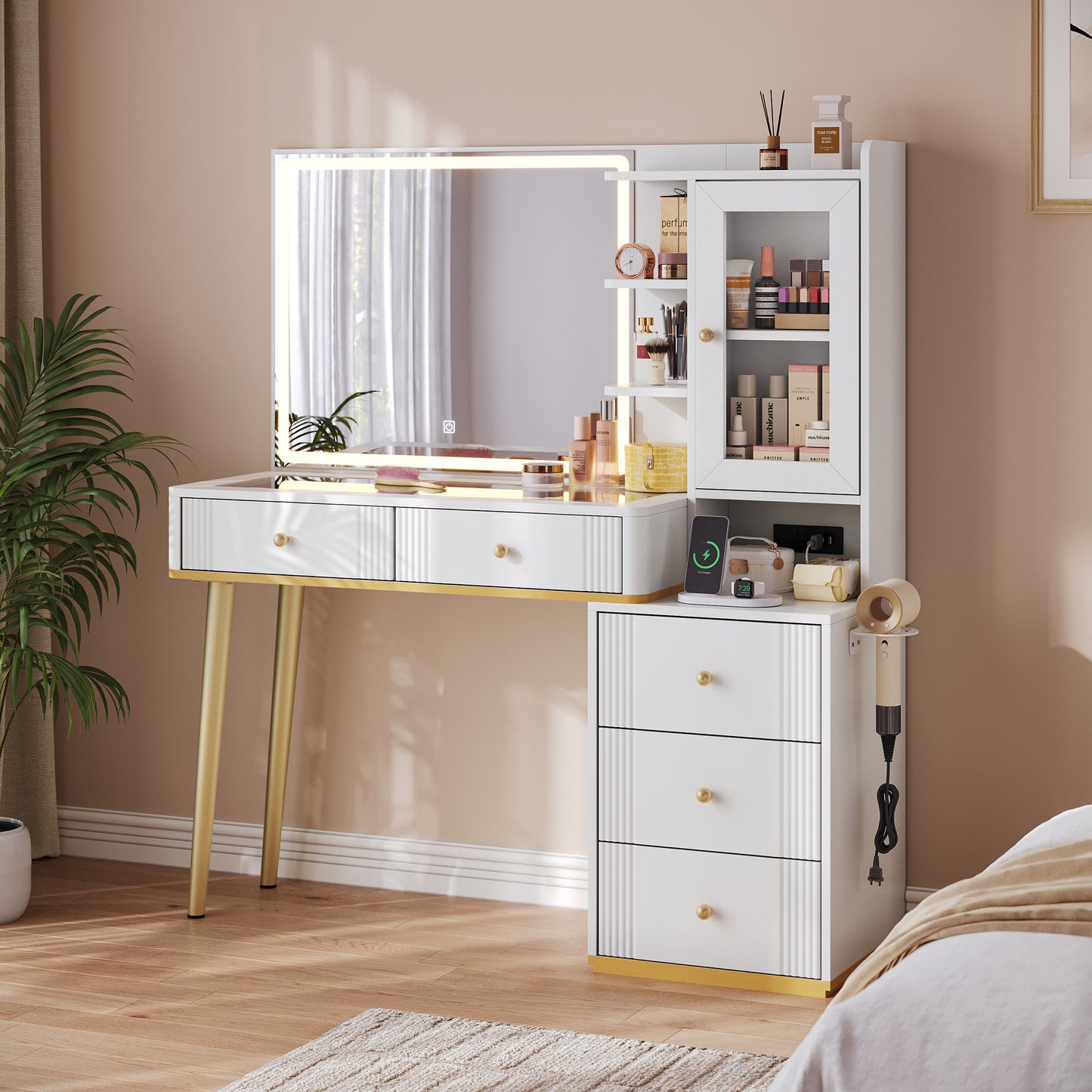 Makeup Vanity Desk with Mirror, Adjustable 3-Color LED and Charging Outlet