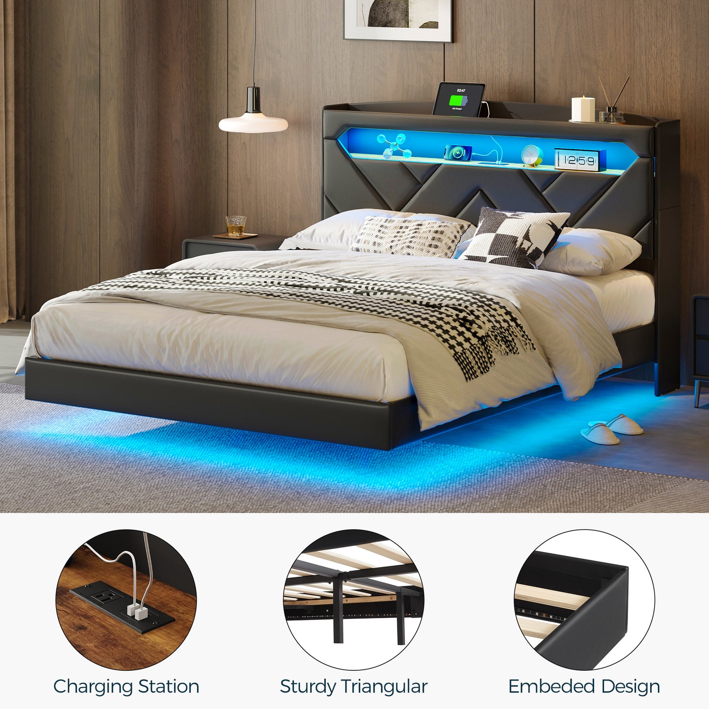 Floating Bed Frame with Headboard, Black Queen Size Bed Frames with Storage