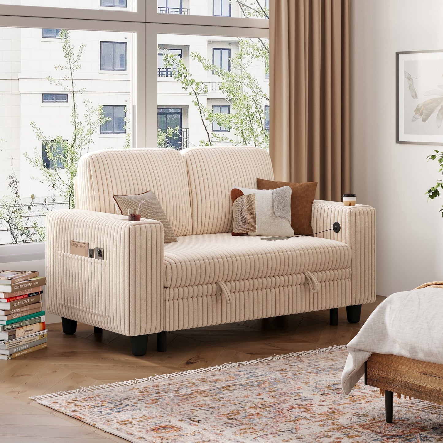 LINSY HOME Loveseat Sofa Couch for Living Room, 2 Seaterss Sofa Couch with USB & Cup Holder, Easy Assembly