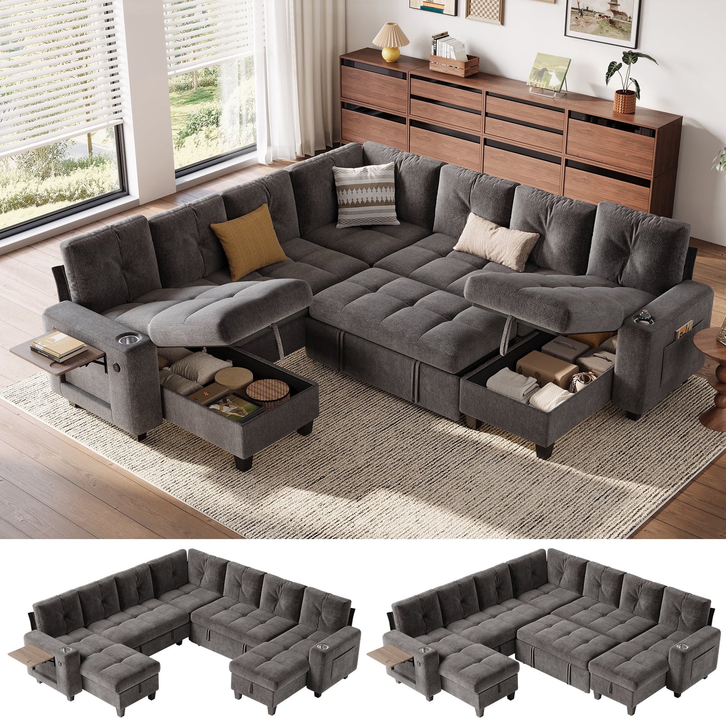 LINSY HOME 107in Modular Sectional Sofa with Pull Out Bed, Foldable Side Table & Storage Chaise, 7-Seat L Shape Couch with USB Charging for Living Room, Chenille Gray