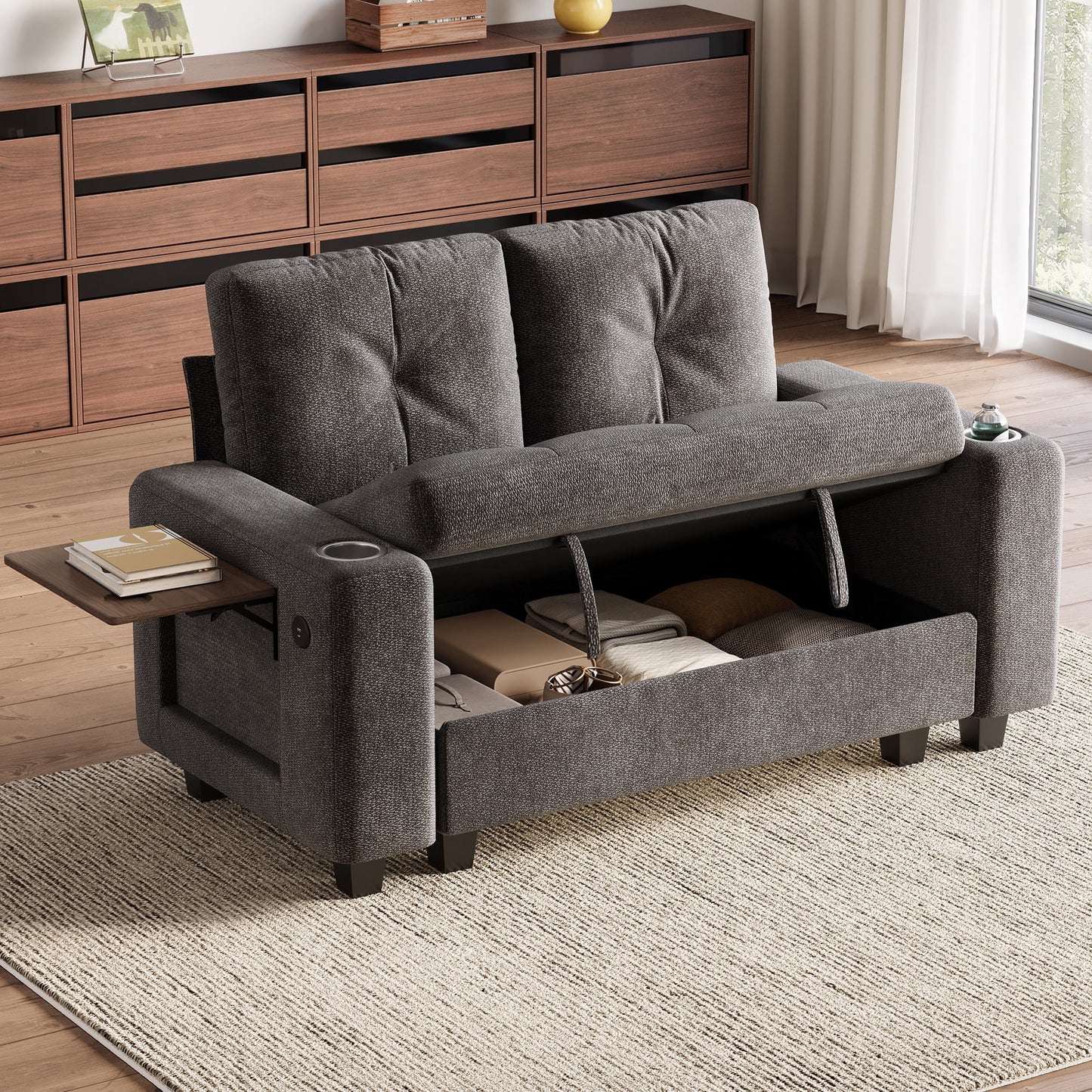 LINSY HOME 57.4in Modular Sectional Loveseat Sofa with Storage & Foldable Side Table for Small Spaces, 2-Seat Sofa with USB Charging for Living Room, Chenille Gray