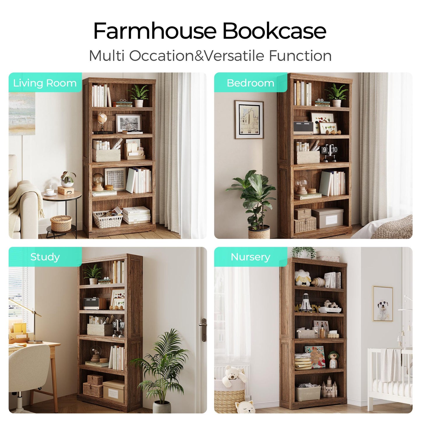 68in 5 Tier Bookshelf, Tall Bookcase Shelf Storage Organizer, Modern Book Shelf for Bedroom, Living Room and Home Office
