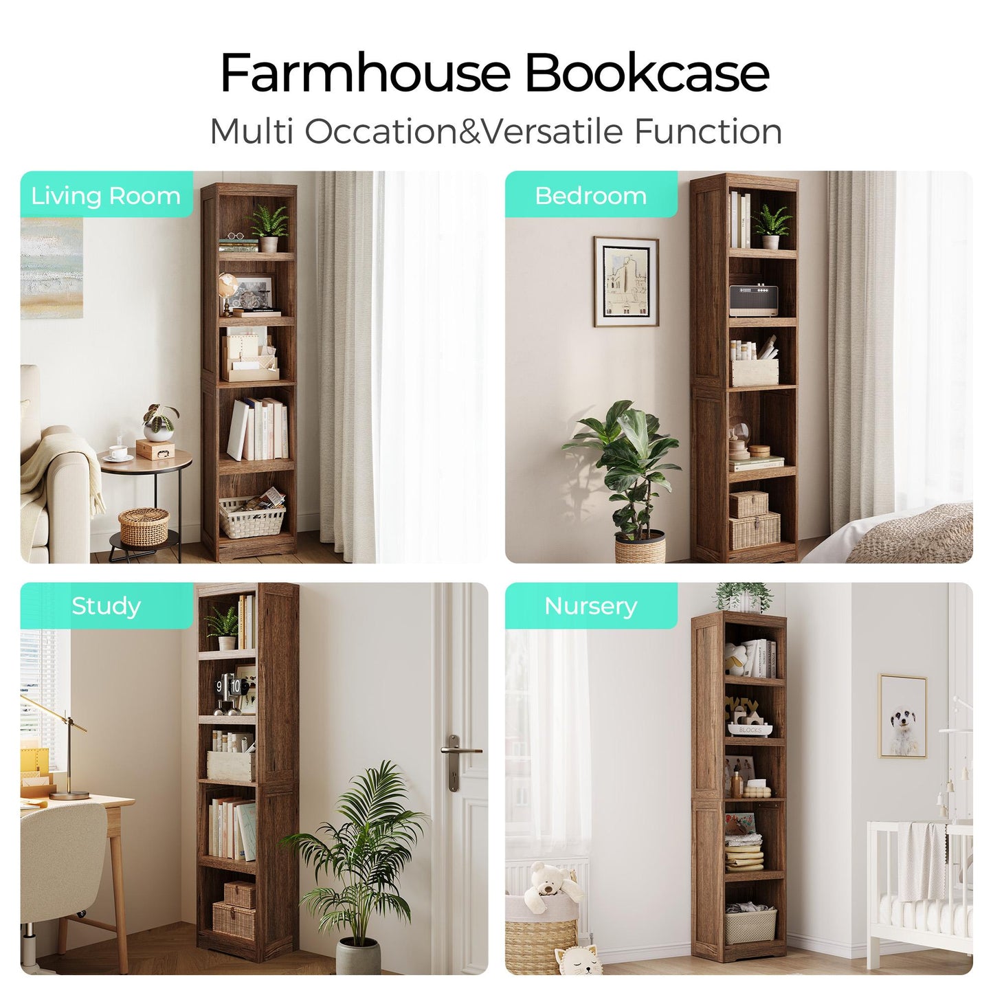 68in 5 Tier Bookshelf, Tall Bookcase Shelf Storage Organizer, Modern Book Shelf for Bedroom, Living Room and Home Office