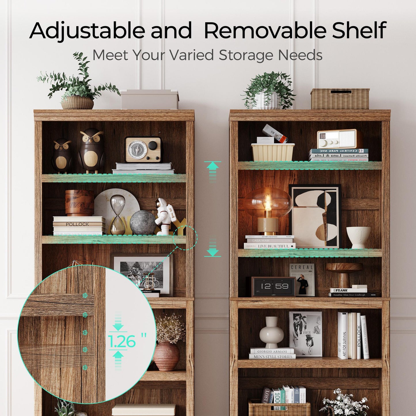 68in 5 Tier Bookshelf, Tall Bookcase Shelf Storage Organizer, Modern Book Shelf for Bedroom, Living Room and Home Office