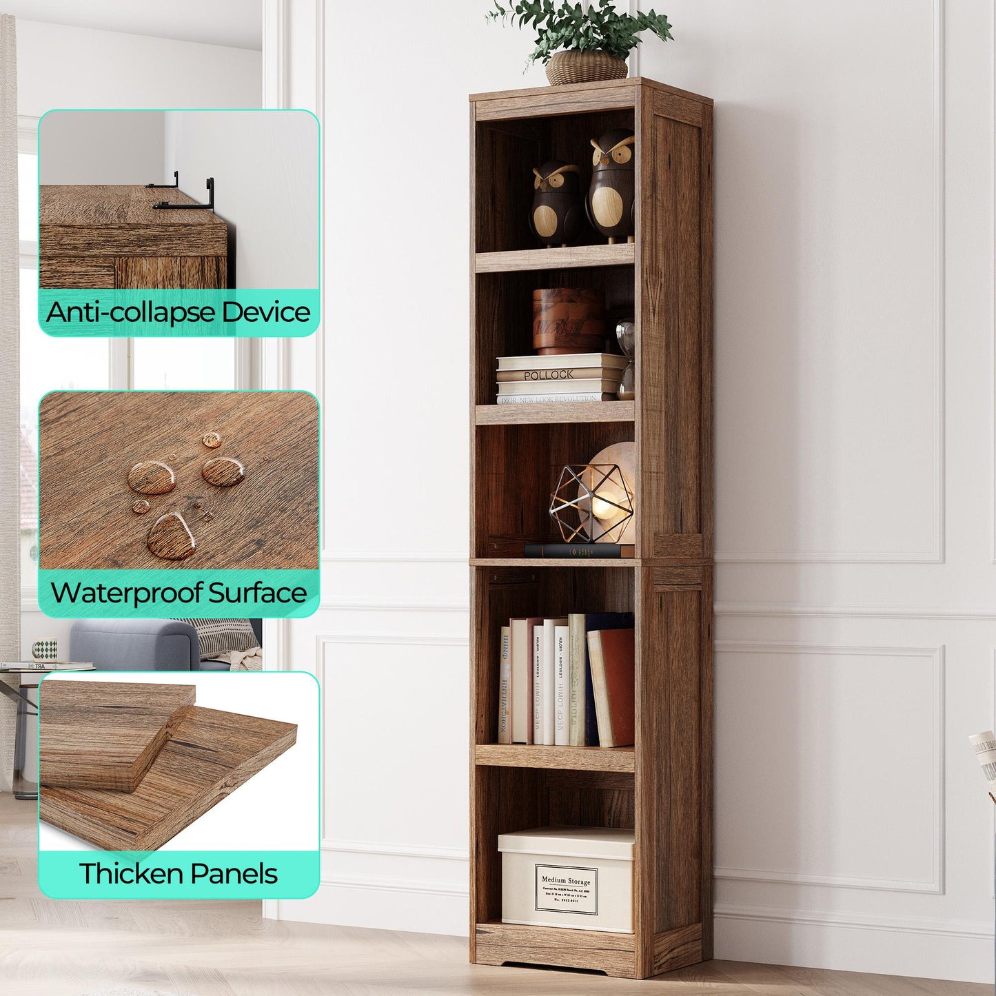 68in 5 Tier Bookshelf, Tall Bookcase Shelf Storage Organizer, Modern Book Shelf for Bedroom, Living Room and Home Office
