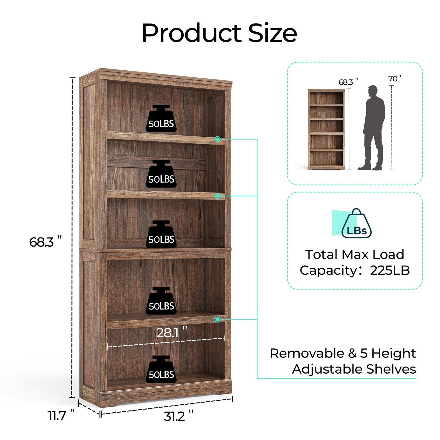 68in 5 Tier Bookshelf, Tall Bookcase Shelf Storage Organizer, Modern Book Shelf for Bedroom, Living Room and Home Office