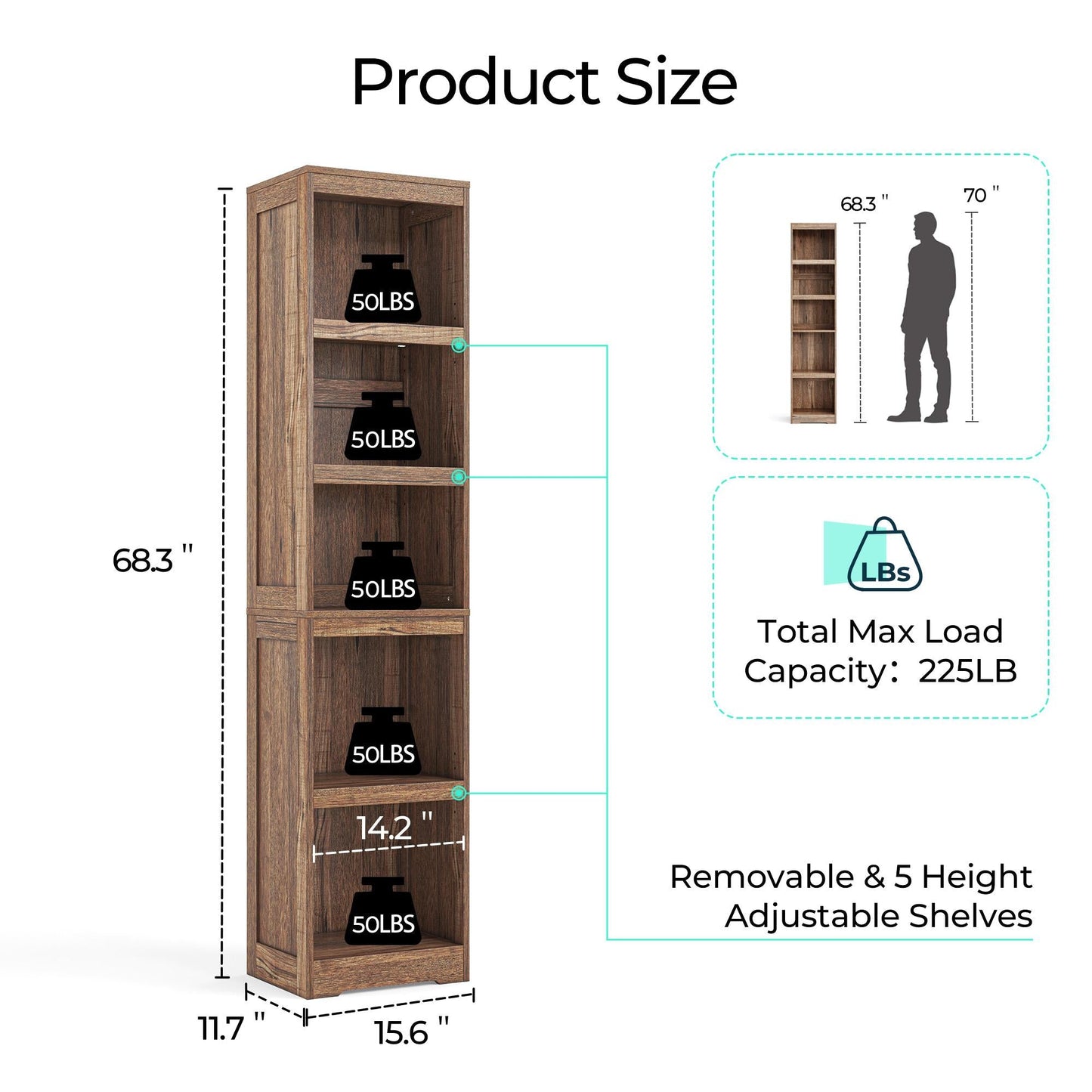68in 5 Tier Bookshelf, Tall Bookcase Shelf Storage Organizer, Modern Book Shelf for Bedroom, Living Room and Home Office