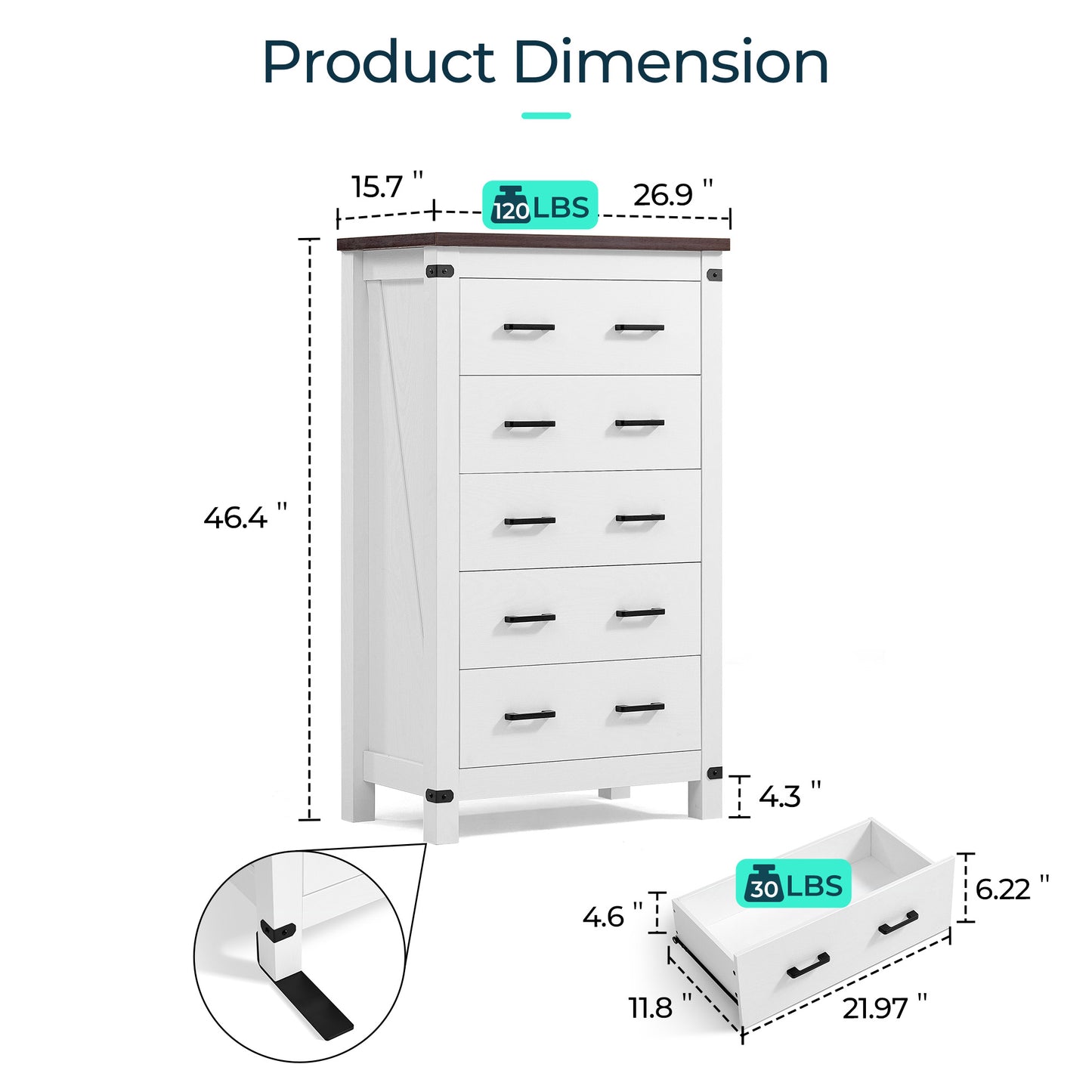 Dresser for Bedroom, Modern Dressers with Spacious Storage and Metal Handles