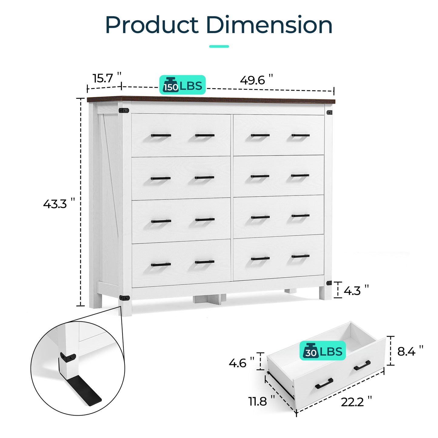 Dresser for Bedroom, Modern Dressers with Spacious Storage and Metal Handles