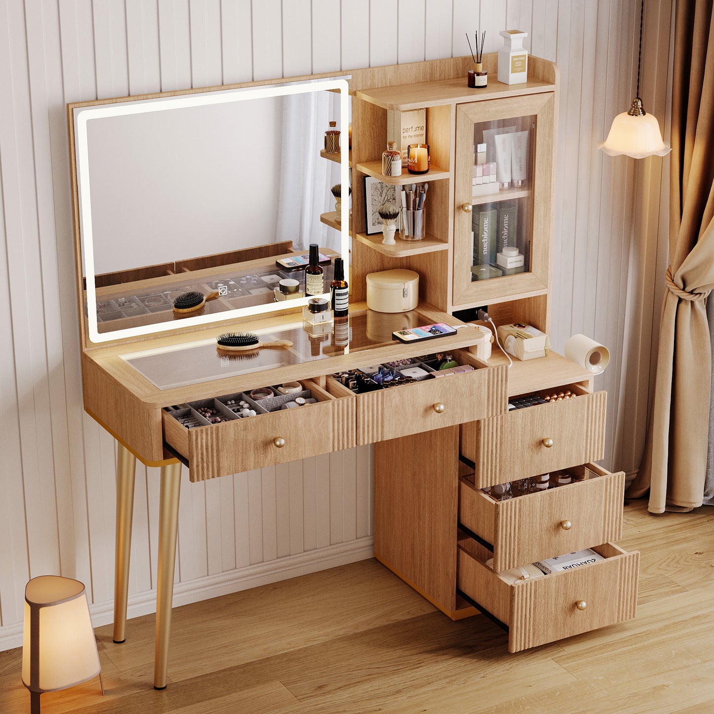 Makeup Vanity Desk with Mirror, Adjustable 3-Color LED and Charging Outlet