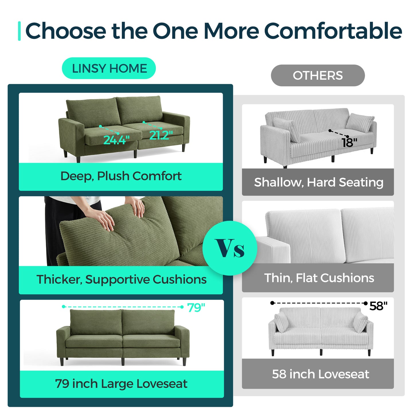 79'' Corduroy Loveseat Sofa – Adjustable Deep Seat Couch for Living Room, Bedroom, or Office