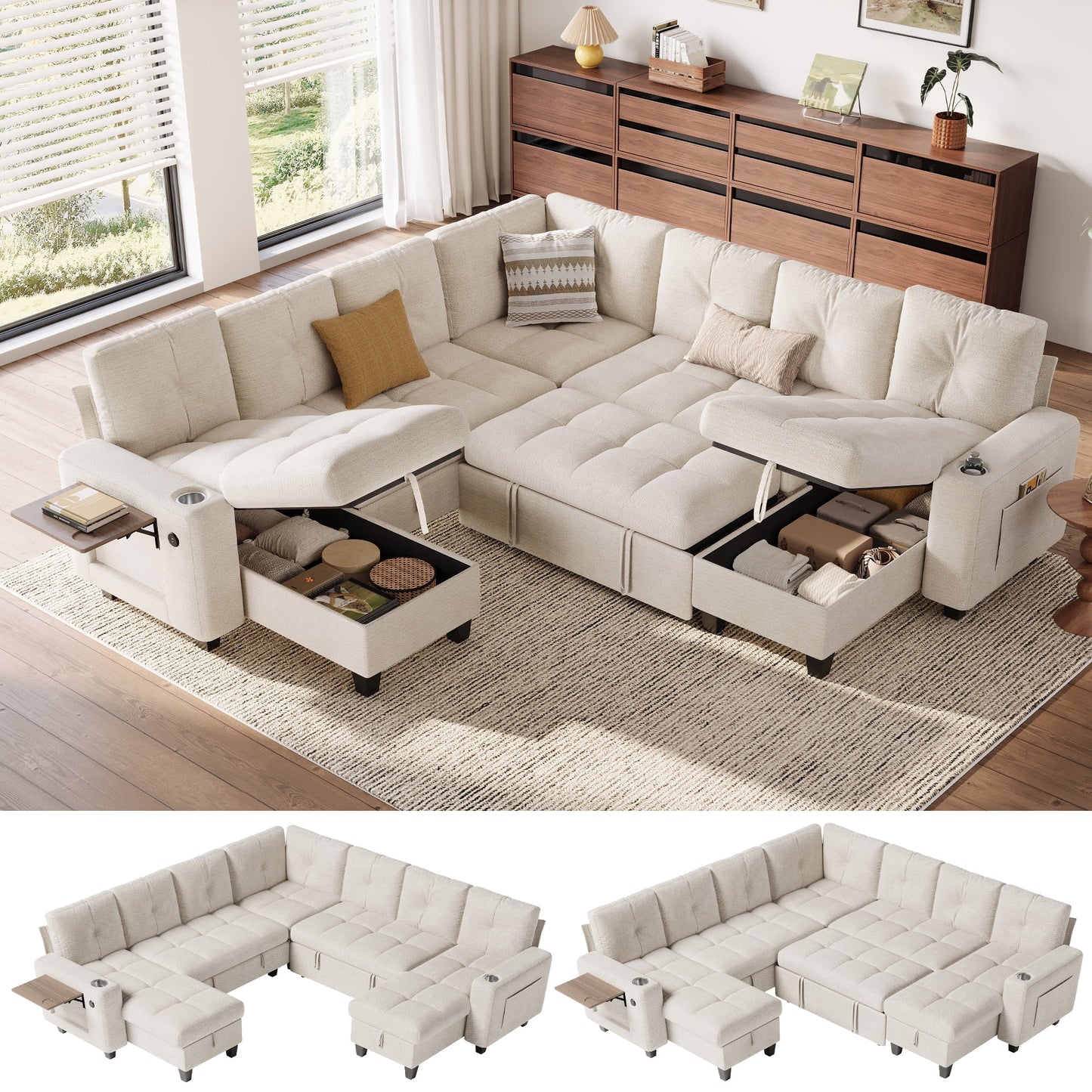 LINSY HOME 107in Modular Sectional Sofa with Pull Out Bed, Foldable Side Table & Storage Chaise, 7-Seat L Shape Couch with USB Charging for Living Room, Chenille Beige