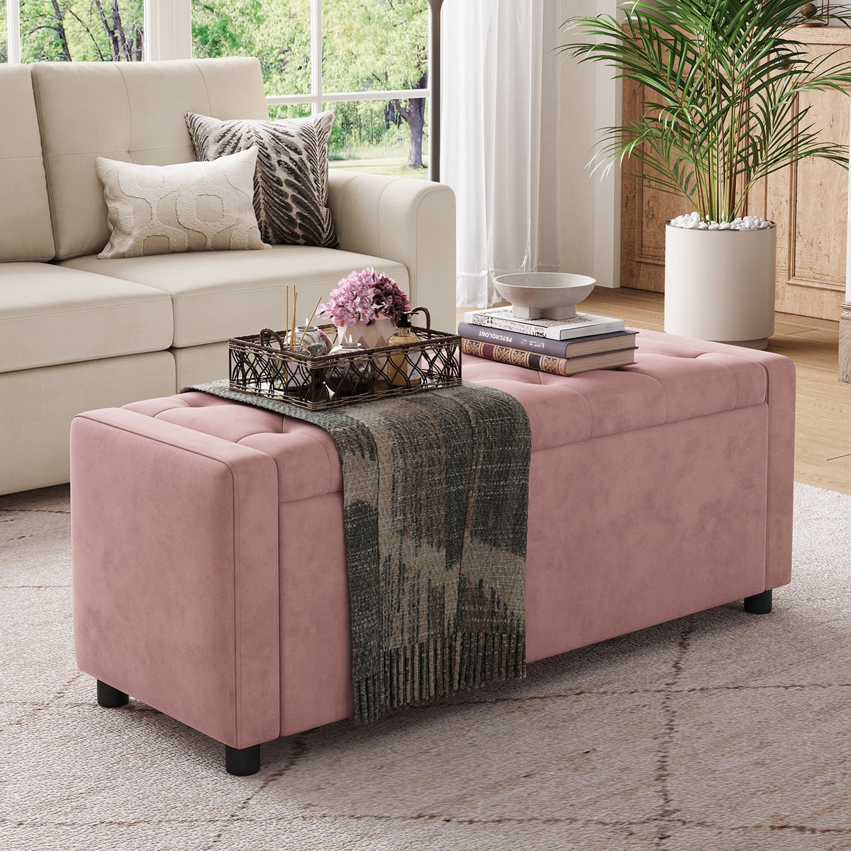 Linsy Home 50" Ottoman with Storage for Living Room, Velvet Storage Ottoman Bench with Gas Lift, Pink