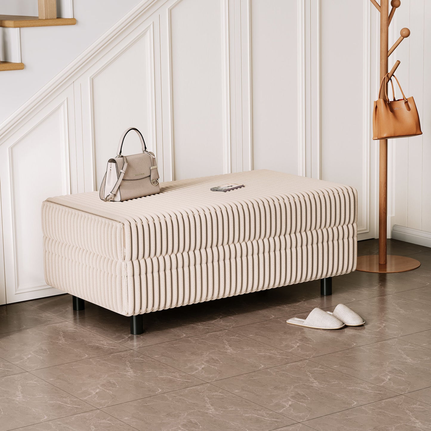 LINSY HOME Corduroy Storage Ottoman Bench, Upholstered End of Bed Bench with Hidden Storage