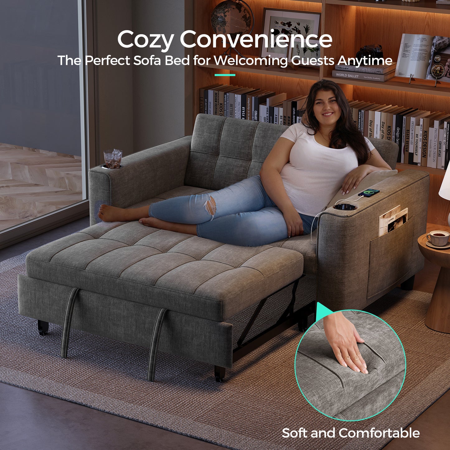 3-in-1 Convertible Sofa Bed, 54" Pull Out Sleeper Sofa with Charging Station & Cup Holder