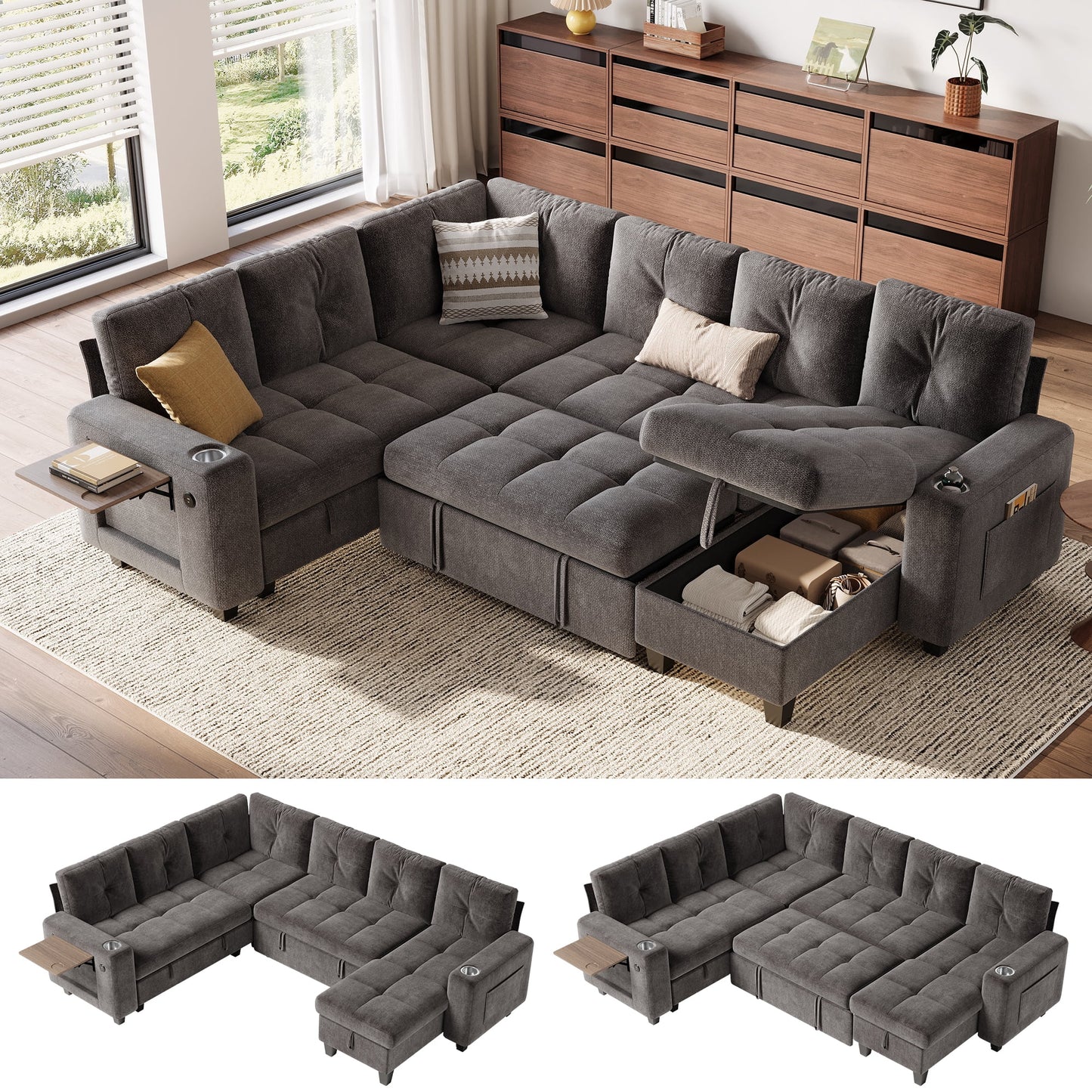 LINSY HOME 107in Modular Sectional Sofa with Pull Out Bed, Foldable Side Table & Storage Chaise, 6-Seat L Shape Couch with USB Charging for Living Room, Chenille Gray