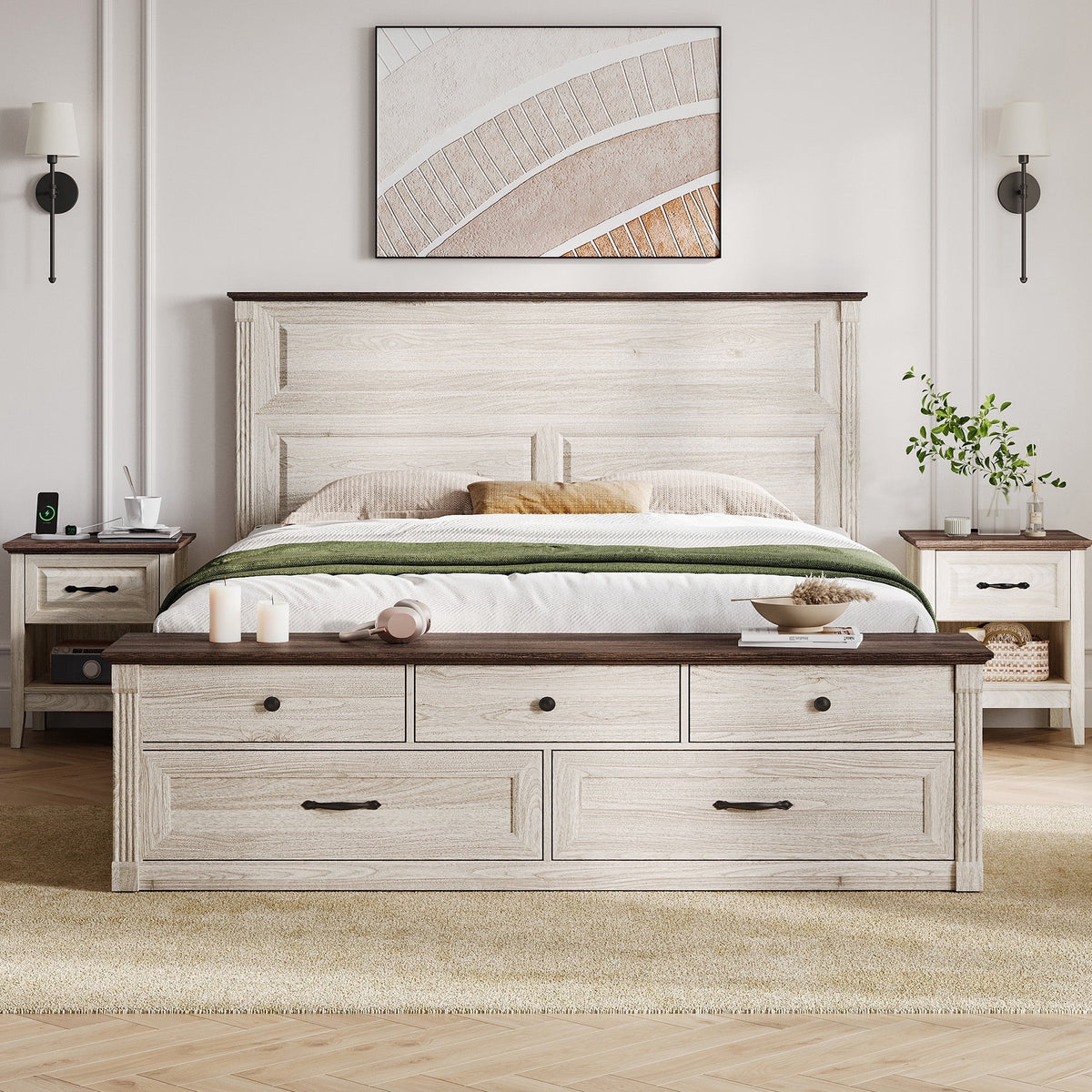 Linsy Home 3 Pieces Farmhouse Bedroom Furniture Set, Includes Queen Size Wood Bed Frame with 49in High Headboard and Storage Bench, Nightstand Set of 2 with Charging Station