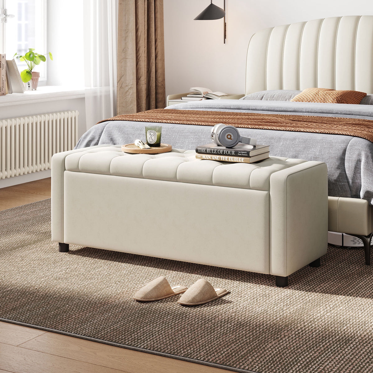 LINSY HOME 50" Ottoman with Storage for Living Room, Velvet Storage Ottoman Bench with Gas Lift, Beige