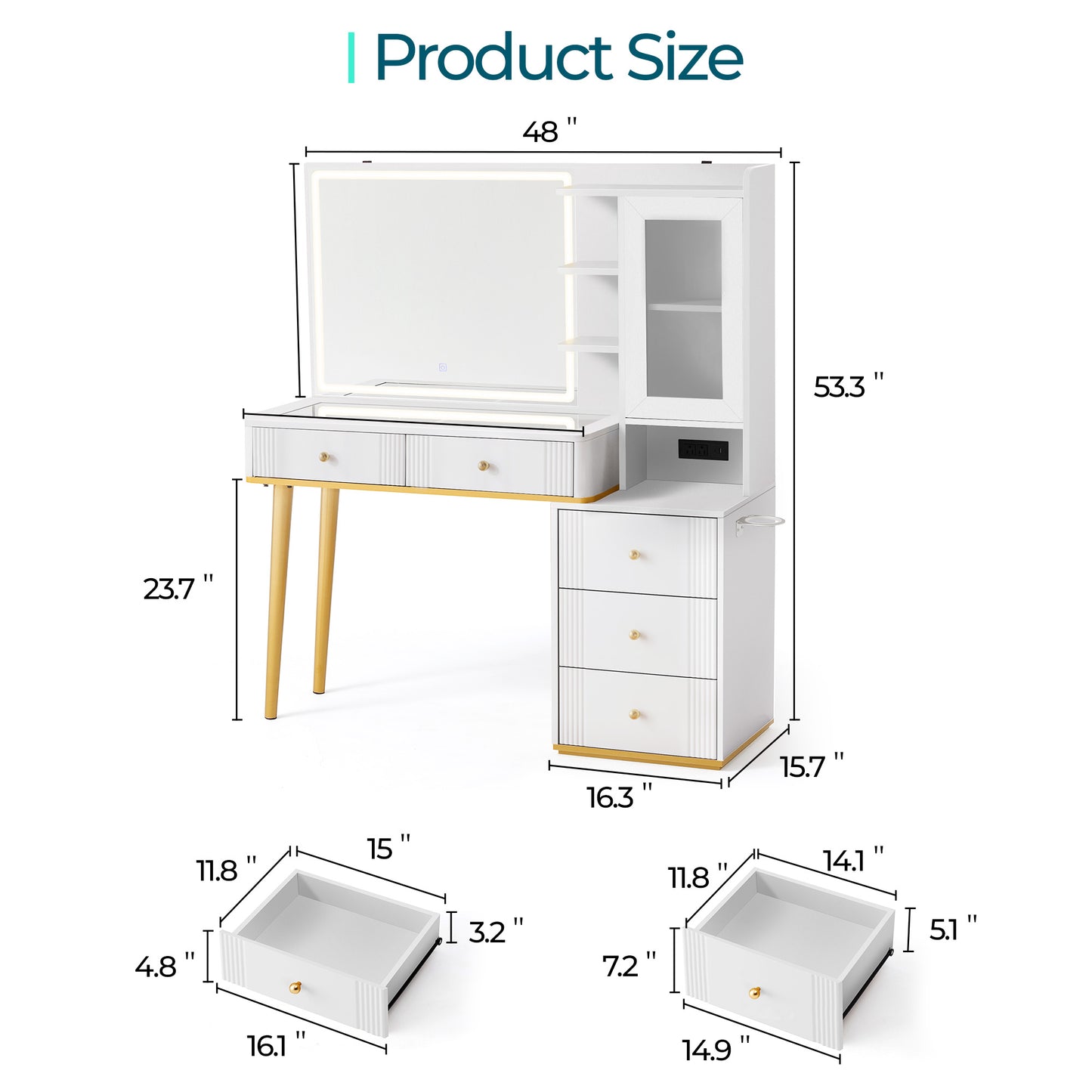 Makeup Vanity Desk with Mirror, Adjustable 3-Color LED and Charging Outlet