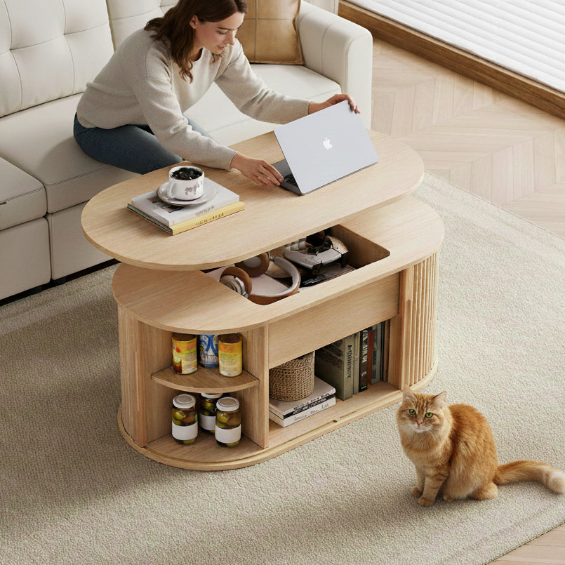 Mid-Century Lift-Top Coffee Table with Fluted Details & Hidden Storage, Sliding Tambour Door