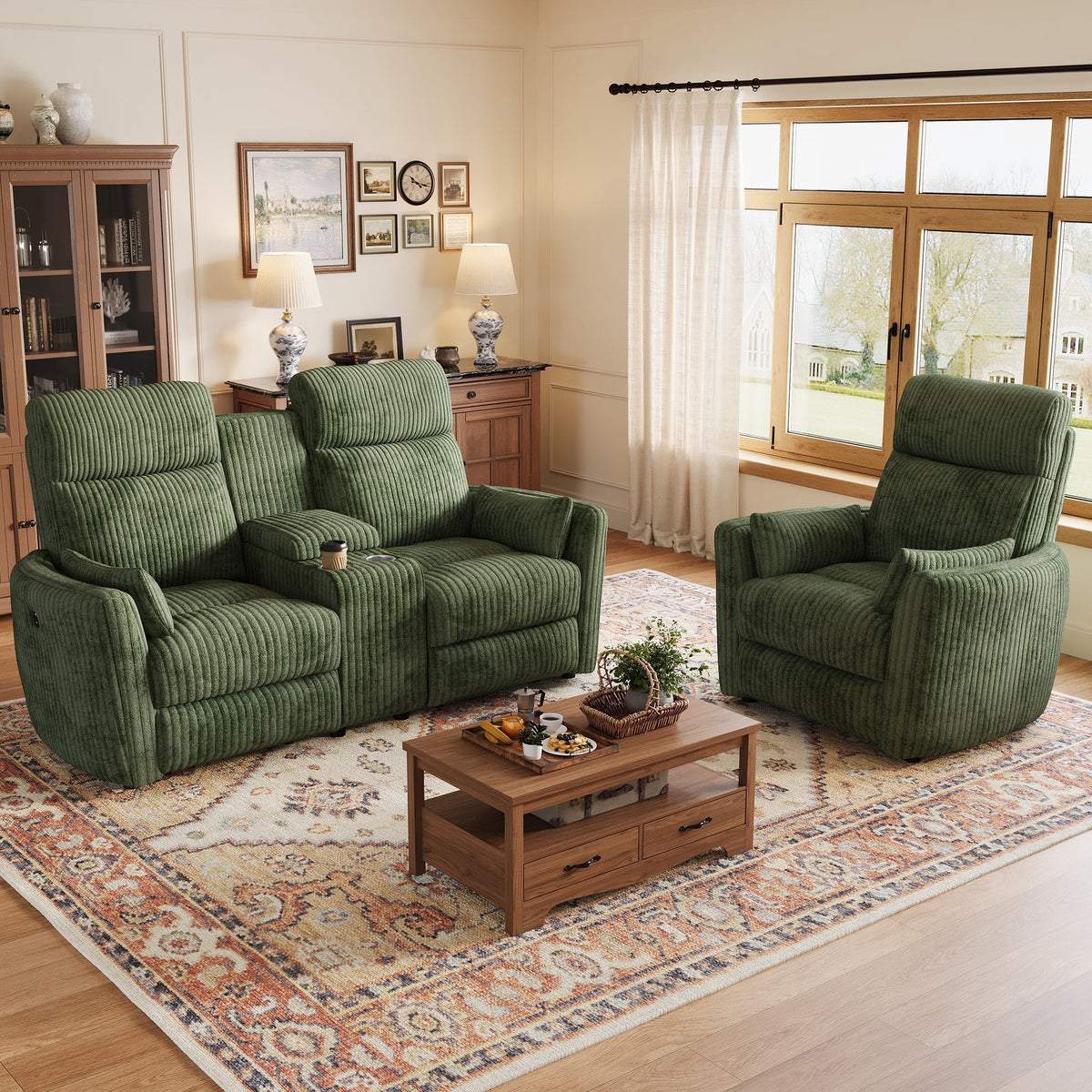 LINSY HOME 67in Modular Reclining Loveseat Sofa Set with Matching Chair & Console, 2-Seat Manual Sectional with Hidden Storage, Home Theater Couch for Living Room, Game Room (Green Corduroy)