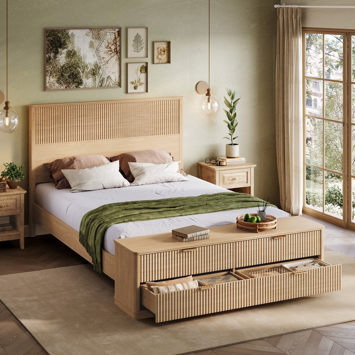 Linsy Home Fluted Queen Bed Frame with 49.2in High Headboard and Storage Bench, Wood Platform Bed with 64in Storage Chest&4 Large Drawer