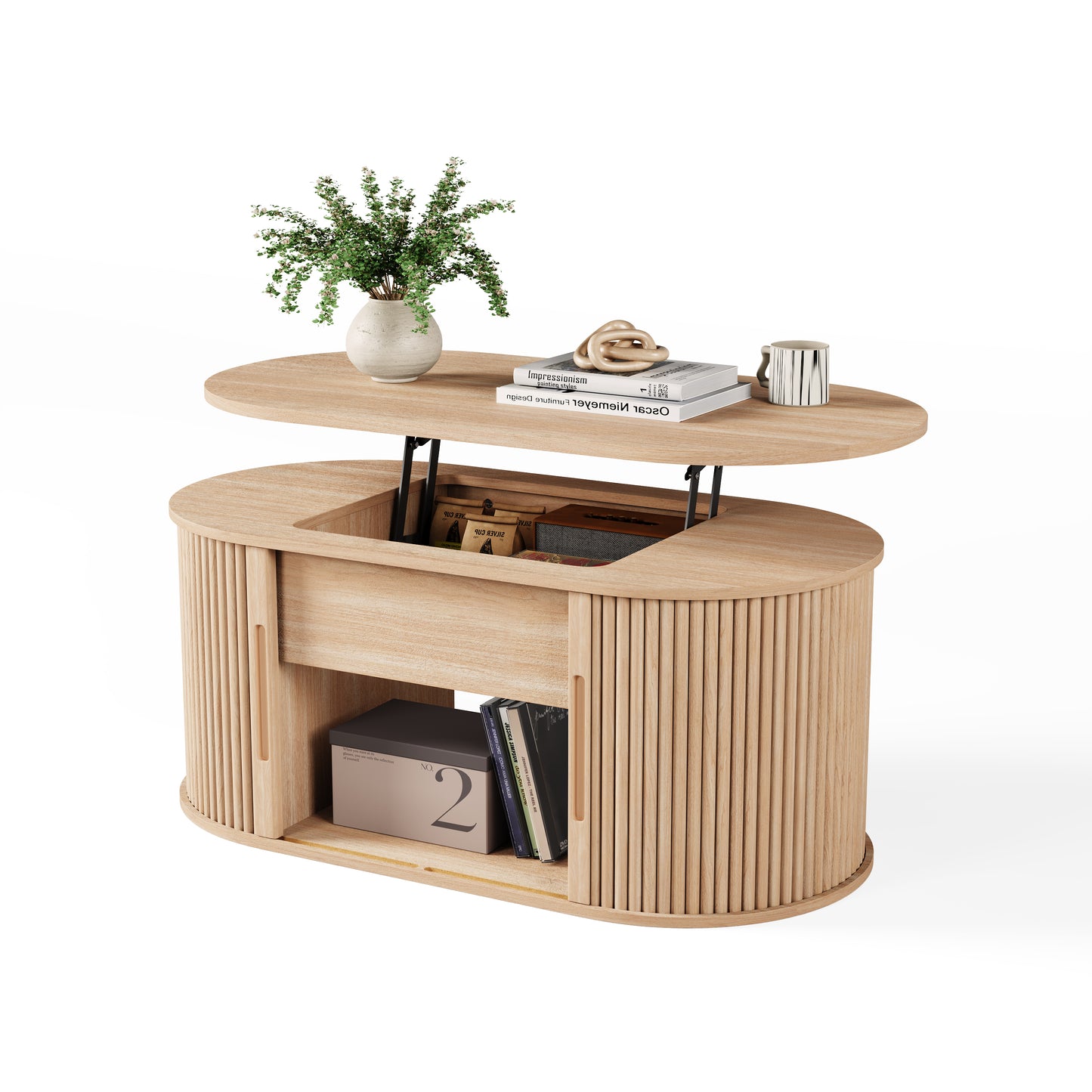 Mid-Century Lift-Top Coffee Table with Fluted Details & Hidden Storage, Sliding Tambour Door