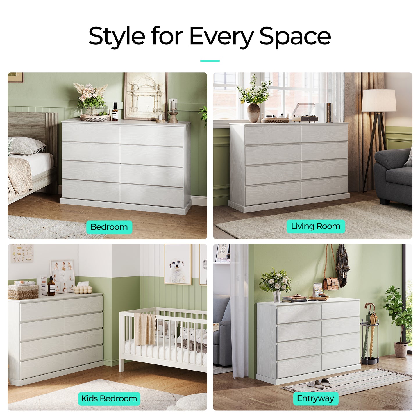 Modern Wooden Dresser Cabinet, 54" Wide 8/9/10 Drawer Chest of Drawers, Large Storage Organizer for Bedroom, Closet, and Living Room