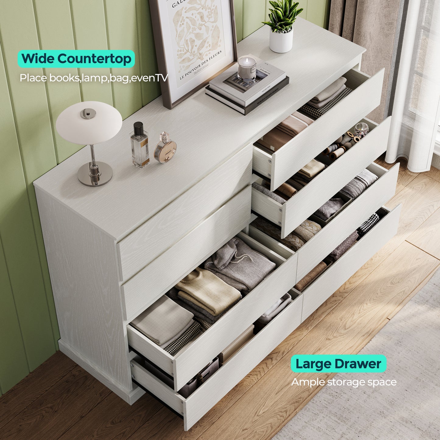 Modern Wooden Dresser Cabinet, 54" Wide 8/9/10 Drawer Chest of Drawers, Large Storage Organizer for Bedroom, Closet, and Living Room