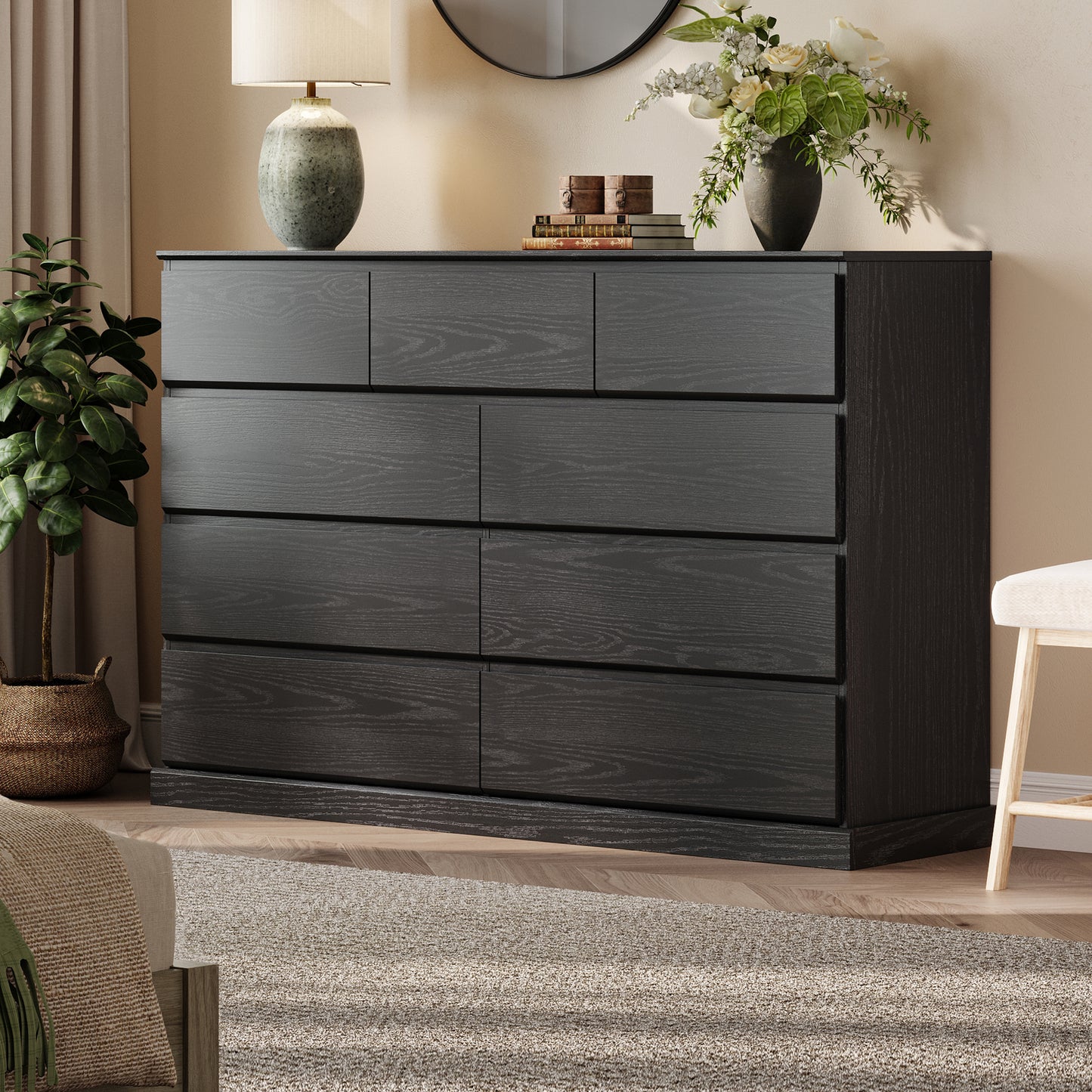 Modern Wooden Dresser Cabinet, 54" Wide 8/9/10 Drawer Chest of Drawers, Large Storage Organizer for Bedroom, Closet, and Living Room