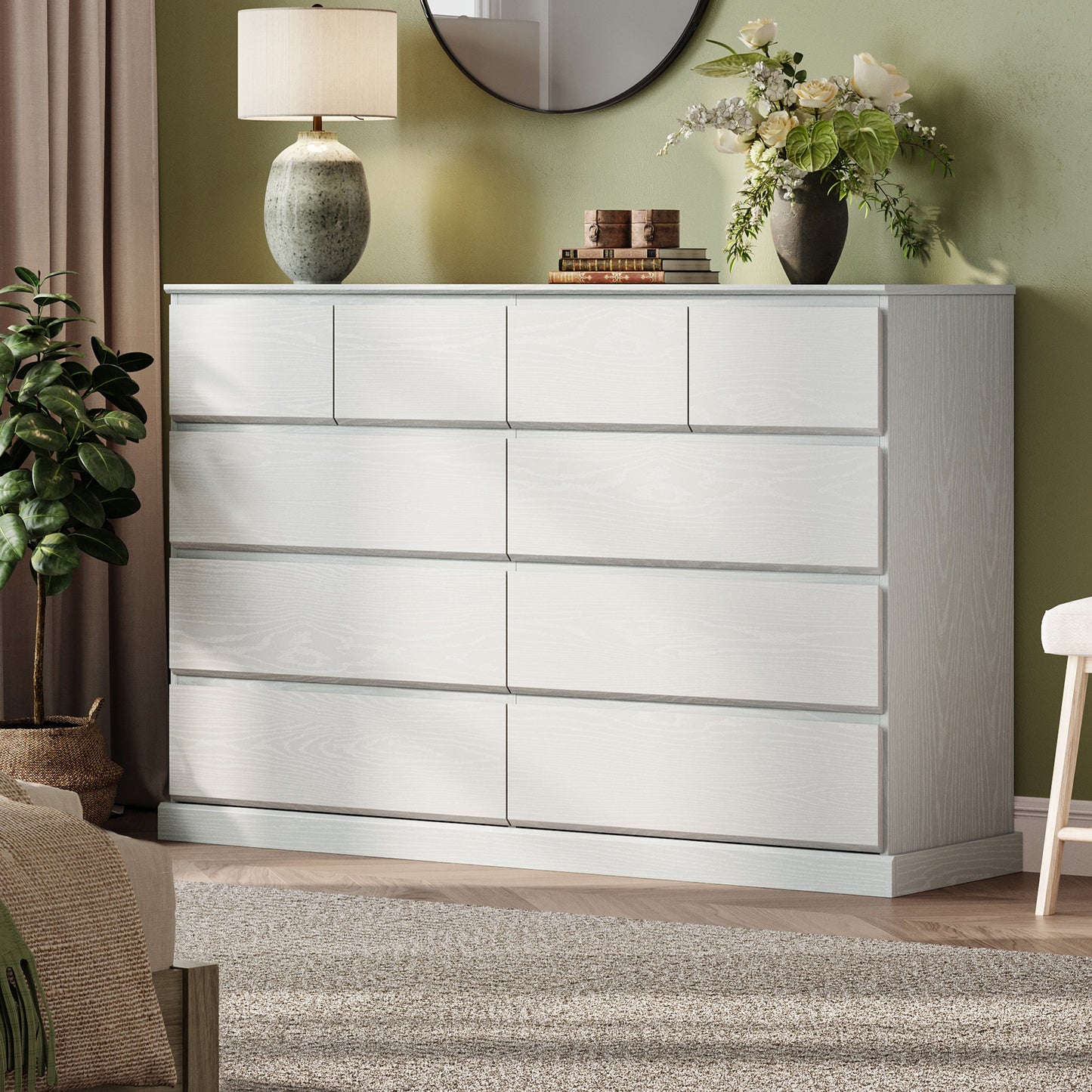 Modern Wooden Dresser Cabinet, 54" Wide 8/9/10 Drawer Chest of Drawers, Large Storage Organizer for Bedroom, Closet, and Living Room