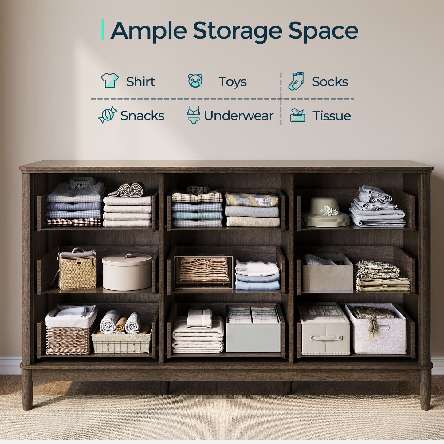 Modern Large Dresser with Deep Storage Drawers and Metal Pulls for Bedroom or Entryway