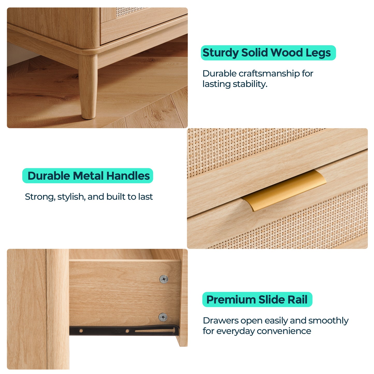 Modern Large Rattan Dresser with Deep Storage Drawers and Metal Pulls for Bedroom or Entryway