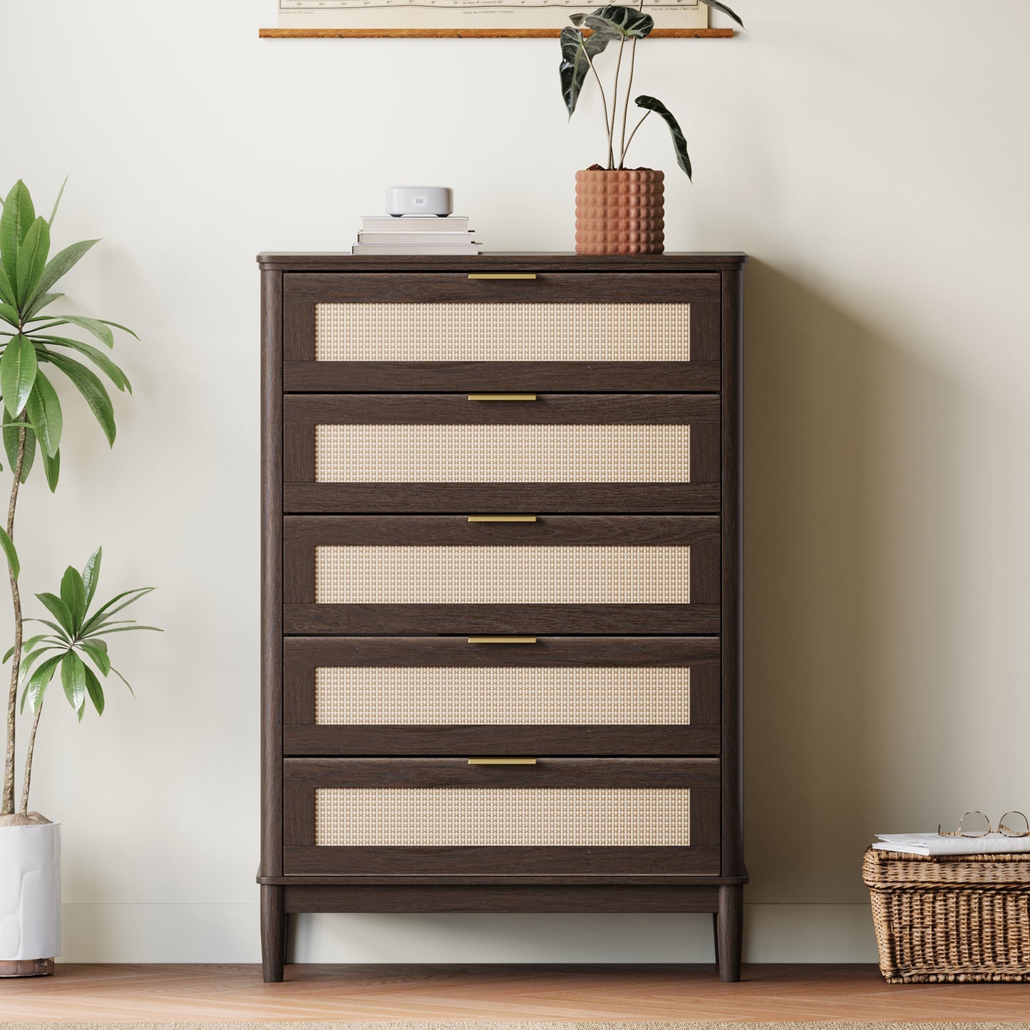 Modern Large Rattan Dresser with Deep Storage Drawers and Metal Pulls for Bedroom or Entryway