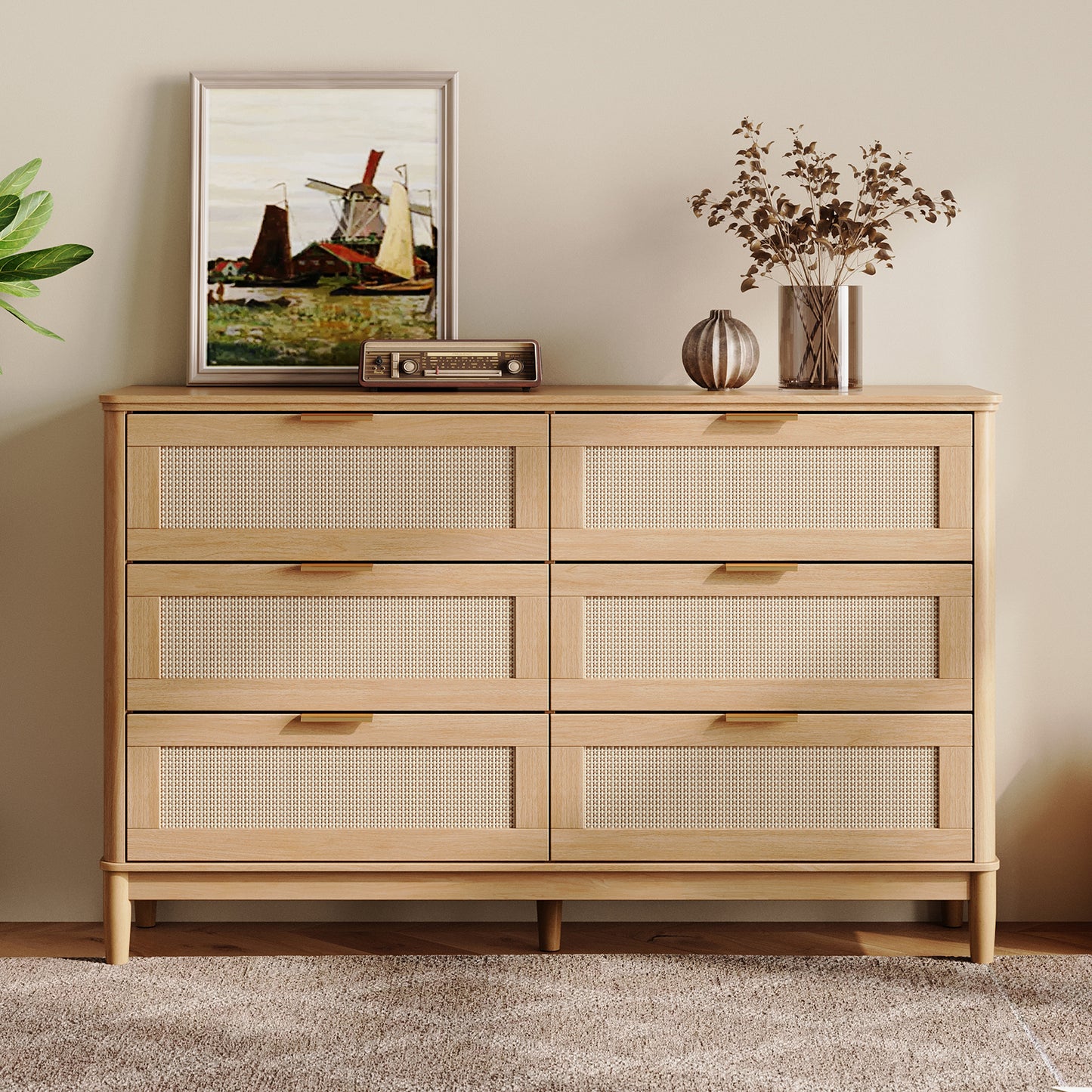 Modern Large Rattan Dresser with Deep Storage Drawers and Metal Pulls for Bedroom or Entryway