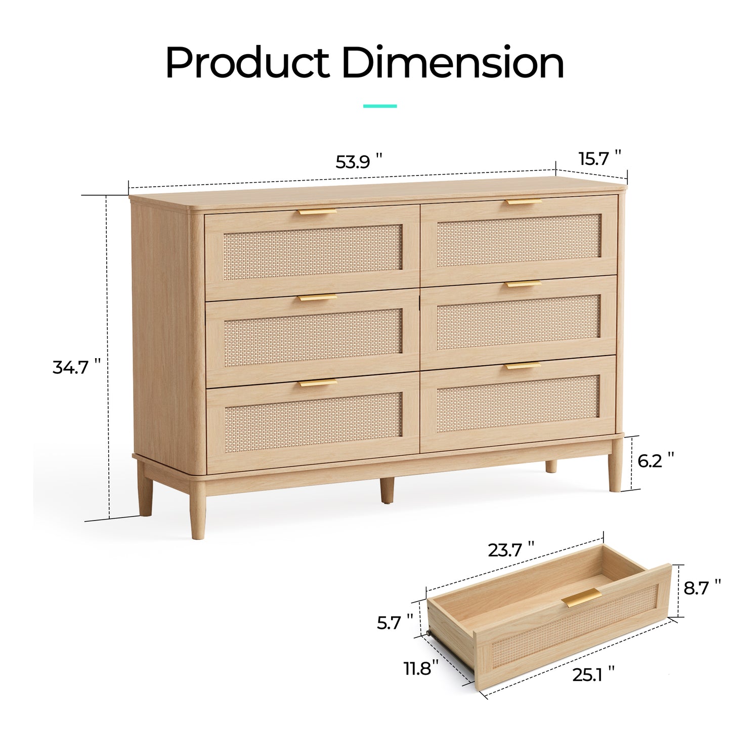 Modern Large Rattan Dresser with Deep Storage Drawers and Metal Pulls for Bedroom or Entryway