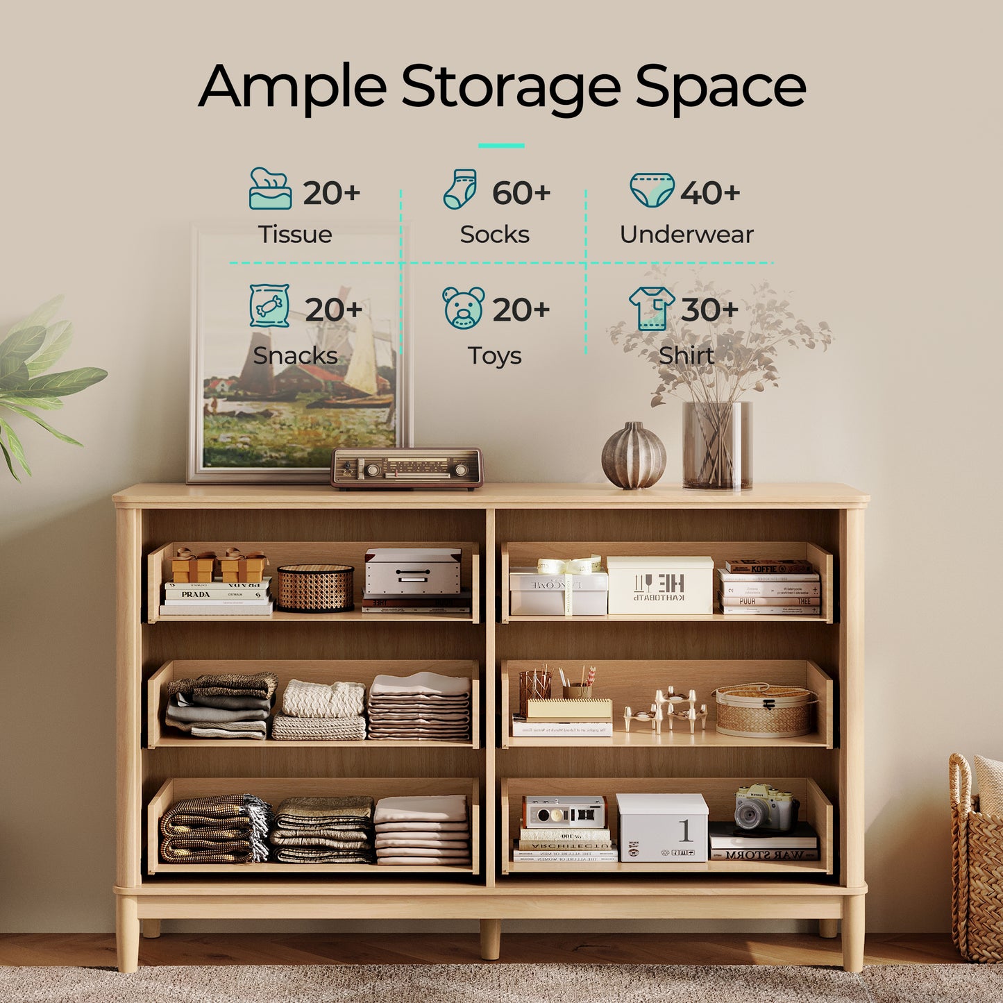 Modern Large Rattan Dresser with Deep Storage Drawers and Metal Pulls for Bedroom or Entryway
