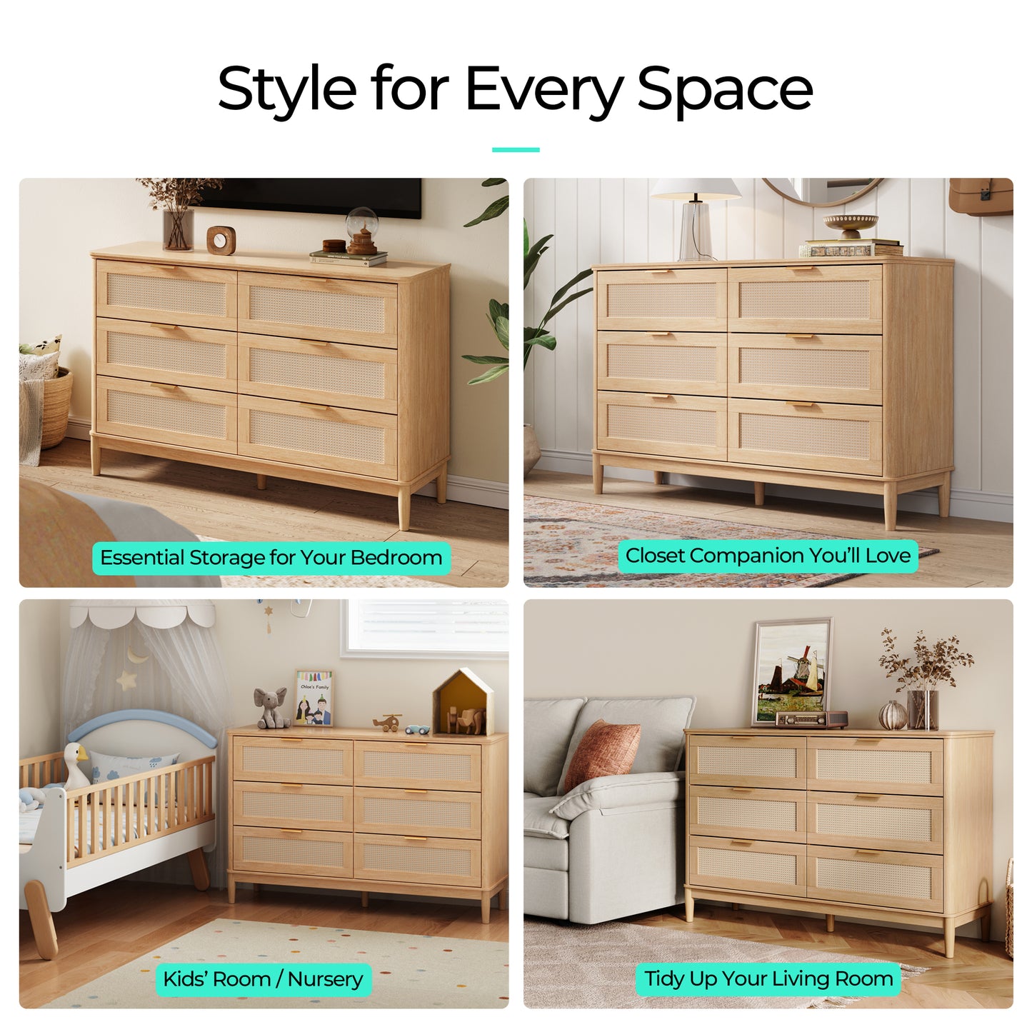Modern Large Rattan Dresser with Deep Storage Drawers and Metal Pulls for Bedroom or Entryway