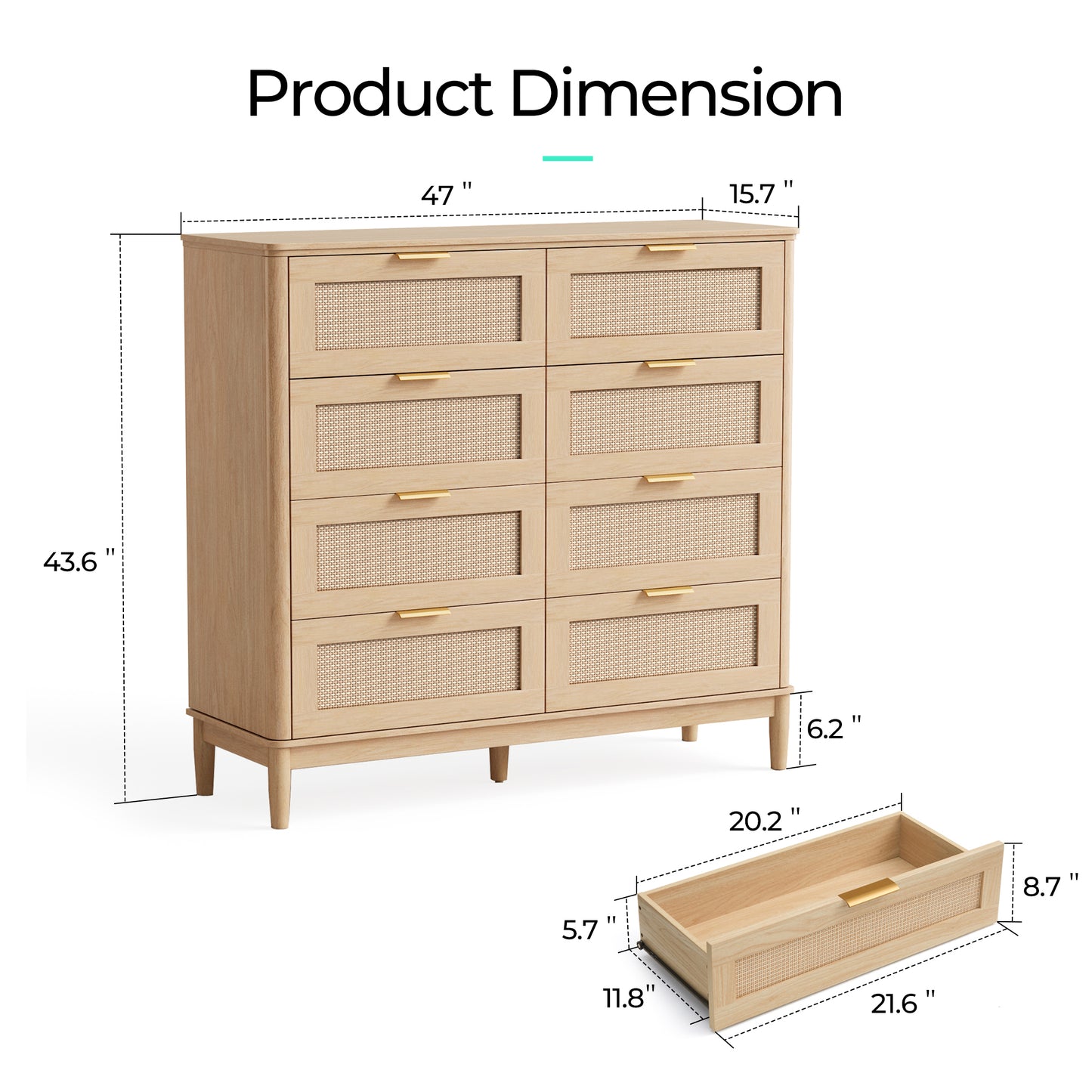 Modern Large Rattan Dresser with Deep Storage Drawers and Metal Pulls for Bedroom or Entryway