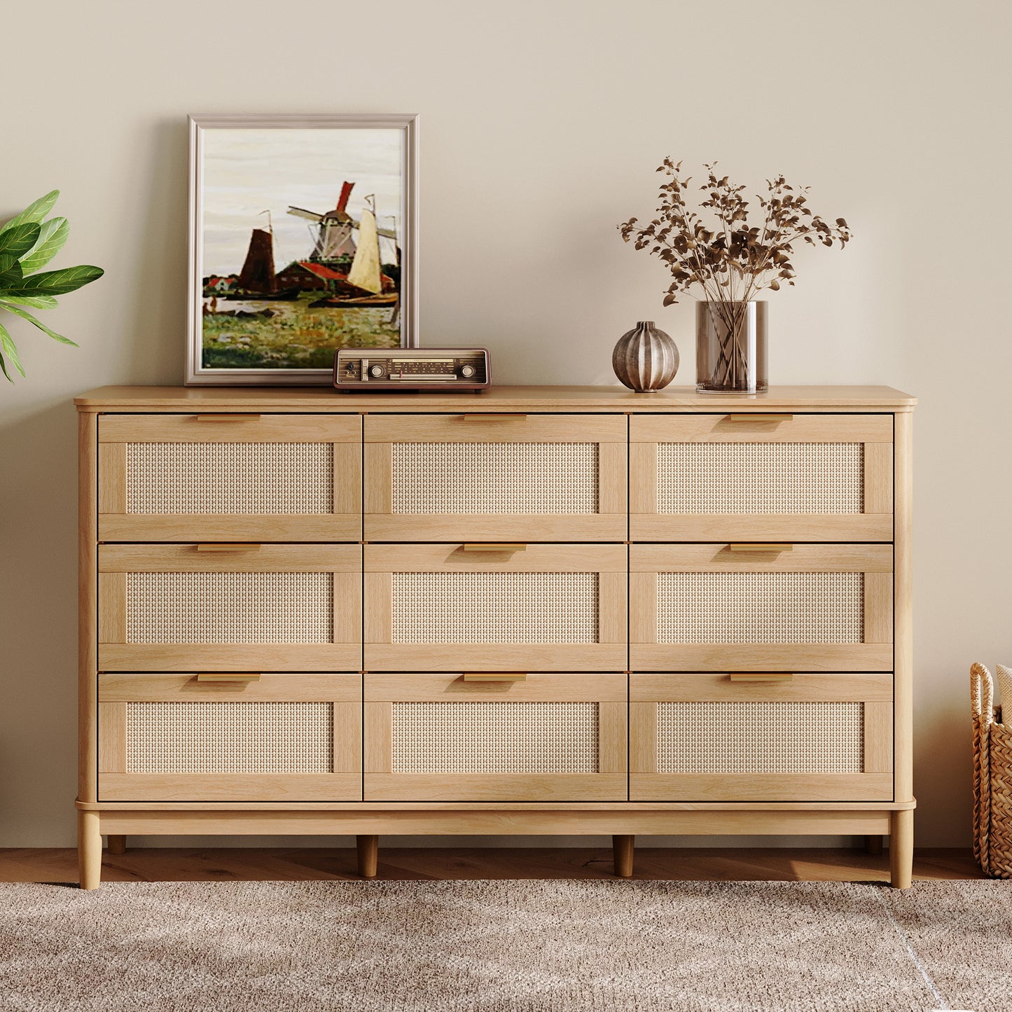Modern Large Rattan Dresser with Deep Storage Drawers and Metal Pulls for Bedroom or Entryway