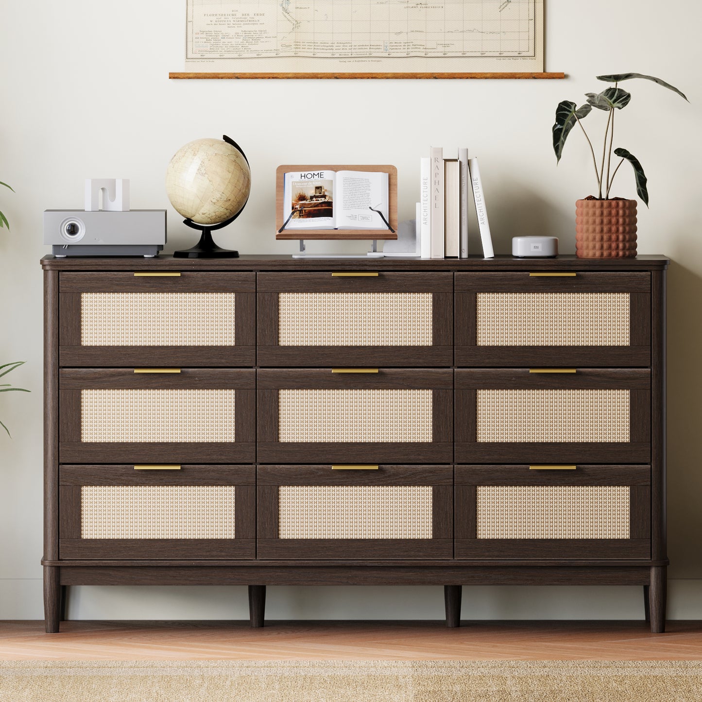 Modern Large Rattan Dresser with Deep Storage Drawers and Metal Pulls for Bedroom or Entryway