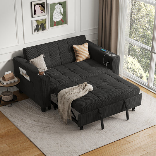 3-in-1 Convertible Sofa Bed, 54" Pull Out Sleeper Sofa with Charging Station & Cup Holder