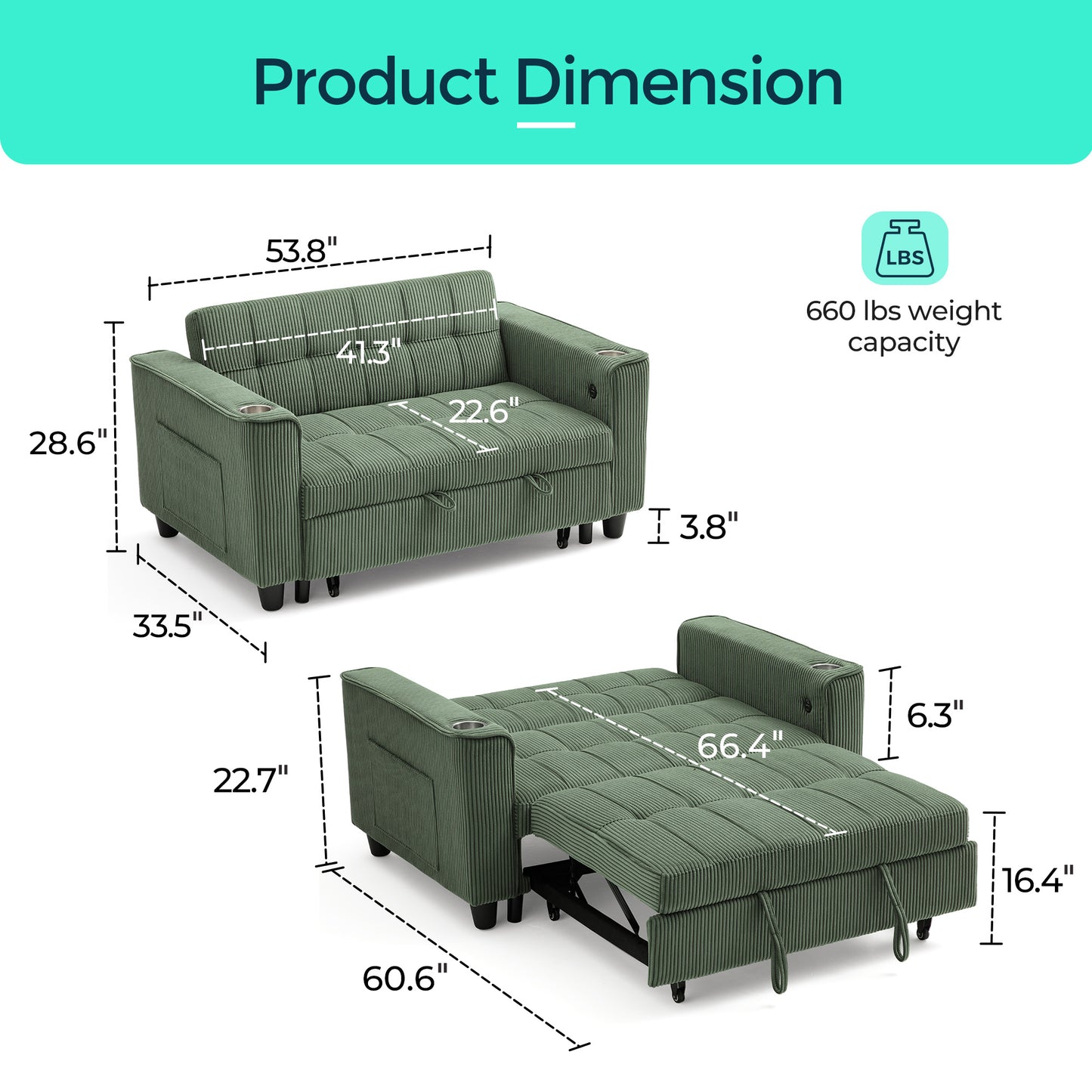 3-in-1 Convertible Sofa Bed, 54" Pull Out Sleeper Sofa with Charging Station & Cup Holder