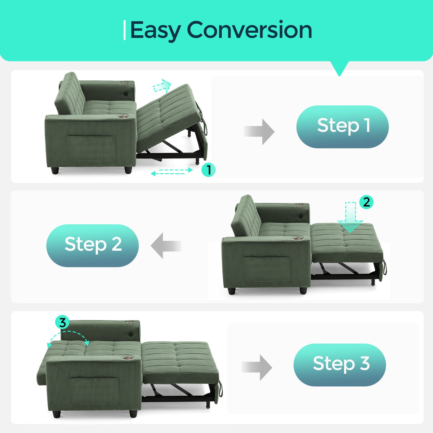 3-in-1 Convertible Sofa Bed, 54" Pull Out Sleeper Sofa with Charging Station & Cup Holder