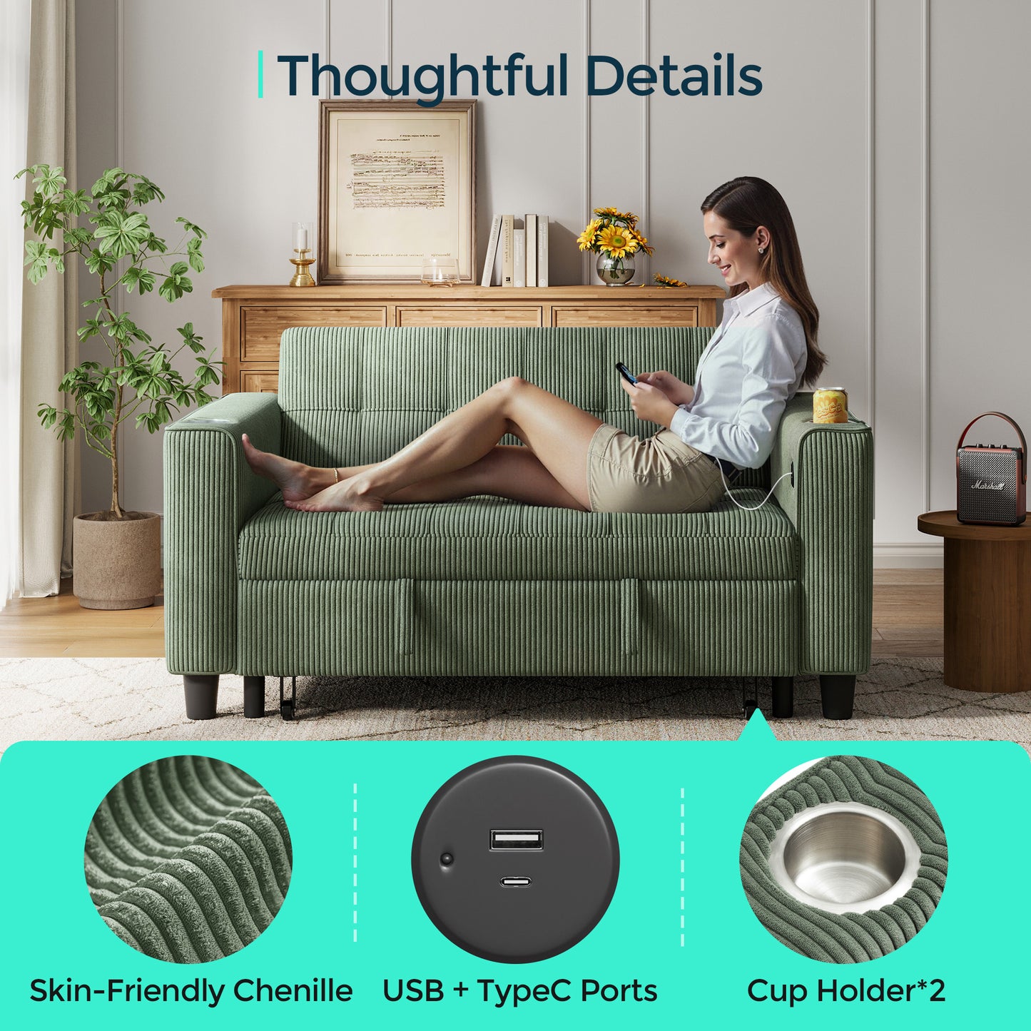 3-in-1 Convertible Sofa Bed, 54" Pull Out Sleeper Sofa with Charging Station & Cup Holder