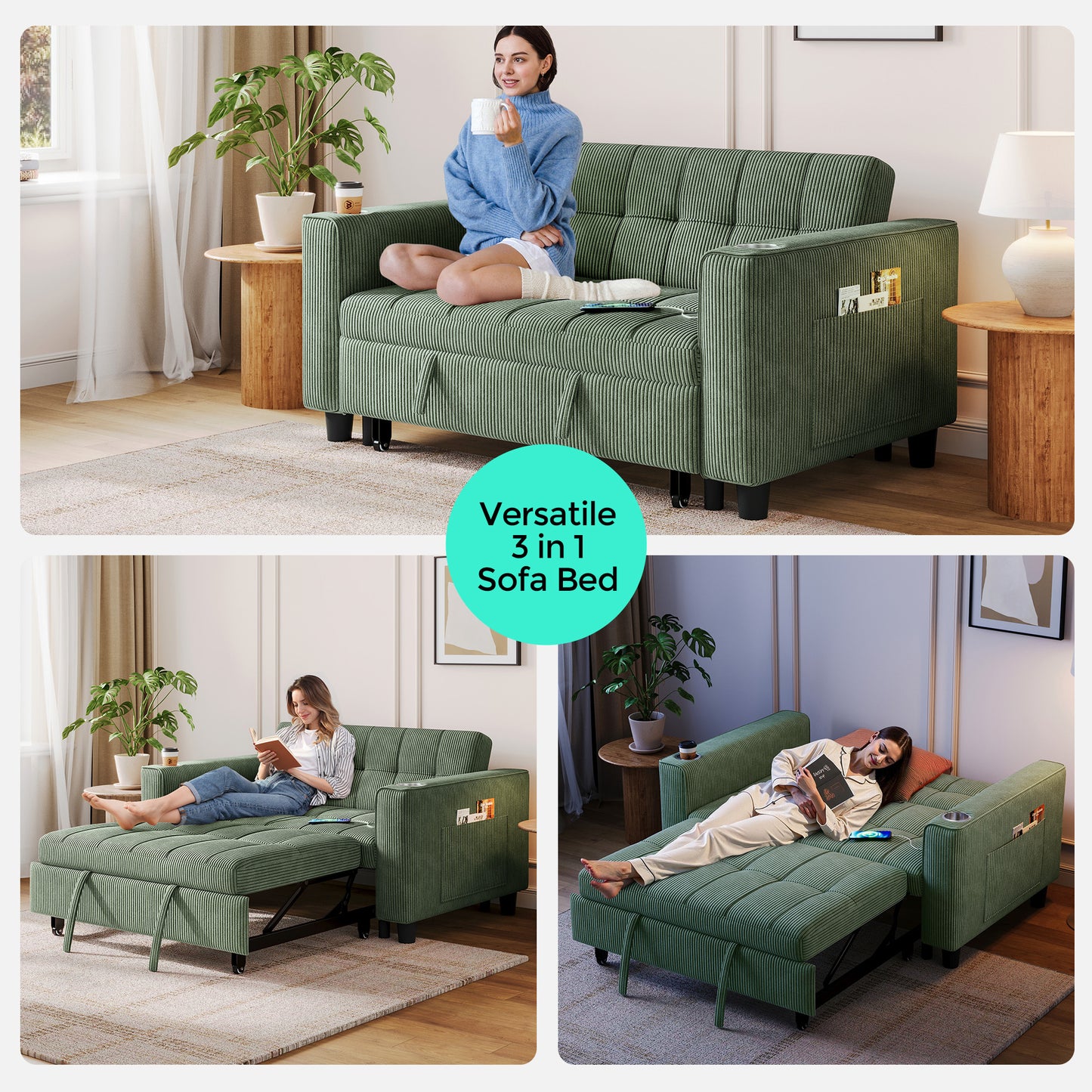 3-in-1 Convertible Sofa Bed, 54" Pull Out Sleeper Sofa with Charging Station & Cup Holder