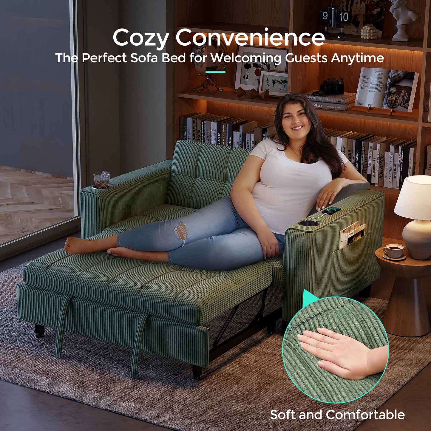 3-in-1 Convertible Sofa Bed, 54" Pull Out Sleeper Sofa with Charging Station & Cup Holder