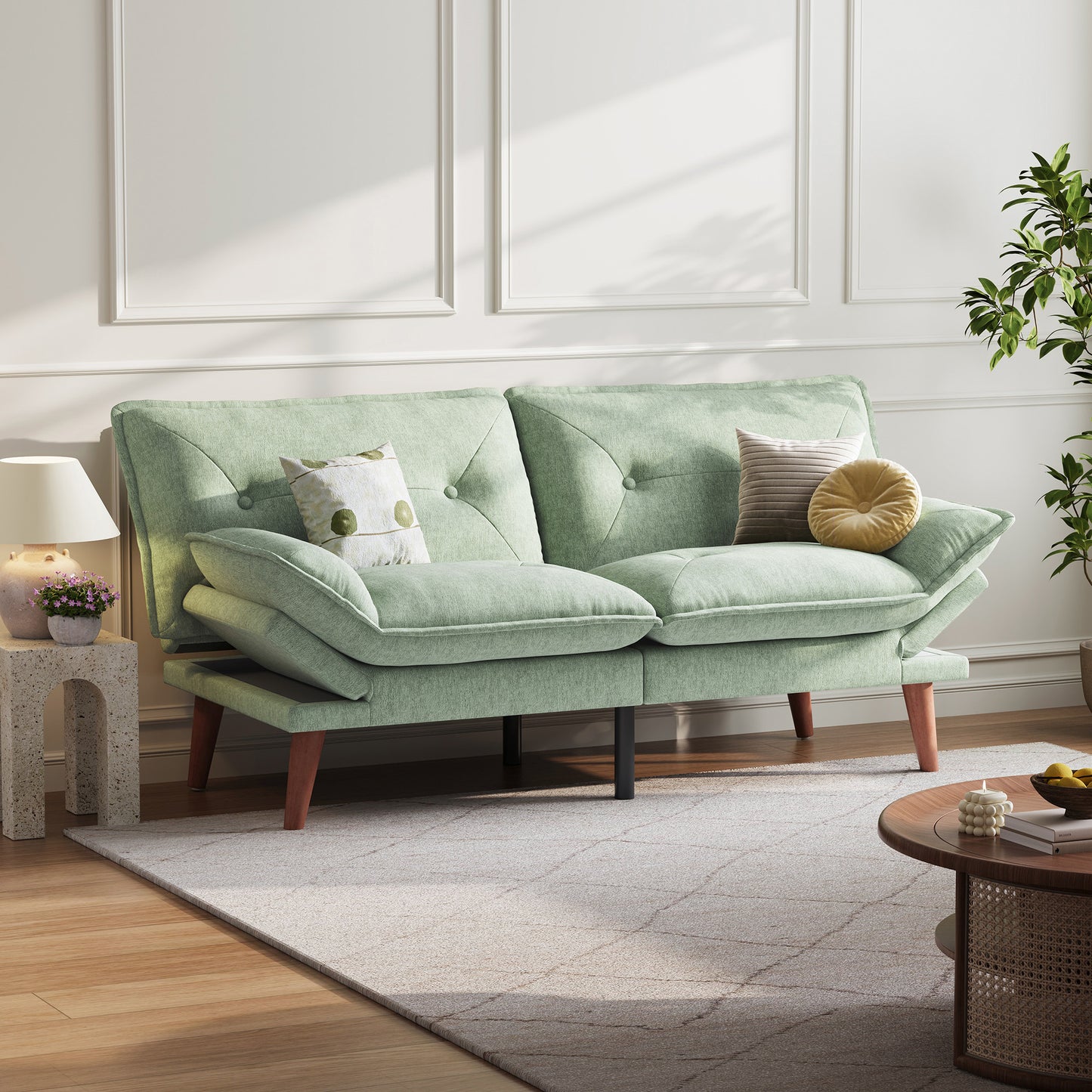 70" Chenille Futon, Convertible Loveseat Sleeper Sofa with Adjustable Backrest and Armrest for Small Spaces and Living Rooms
